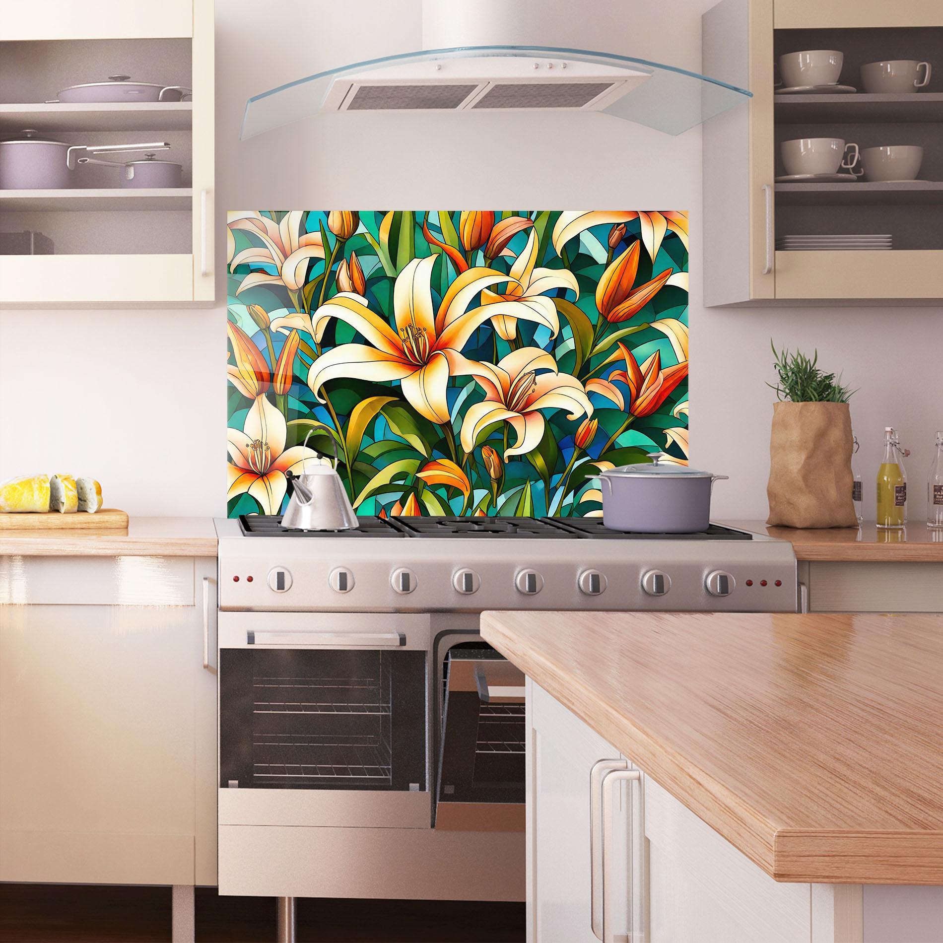 Konyhai üveg hátfal Lily Pattern mockup 1