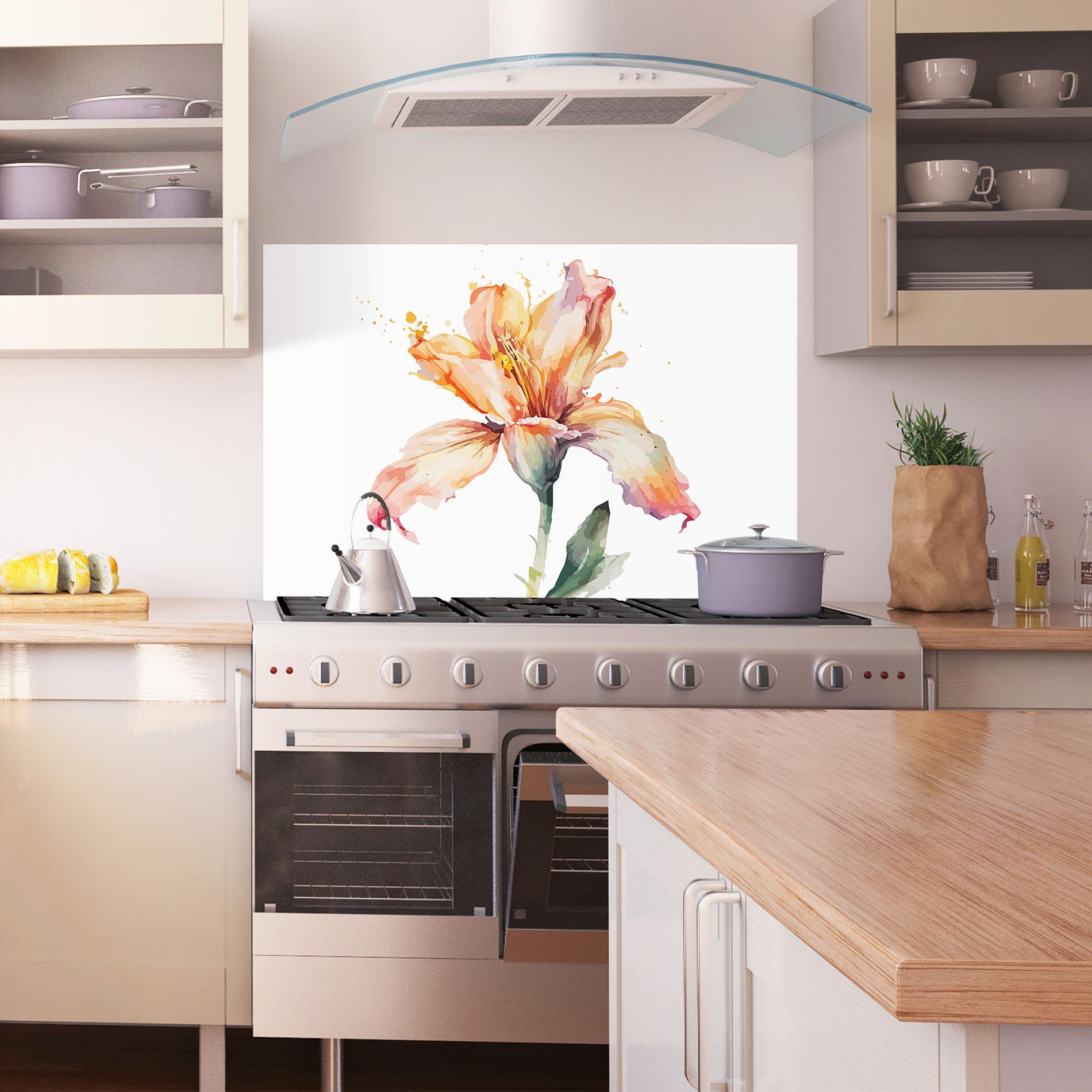 Konyhai üveg hátfal Orange Purple Lily mockup 1