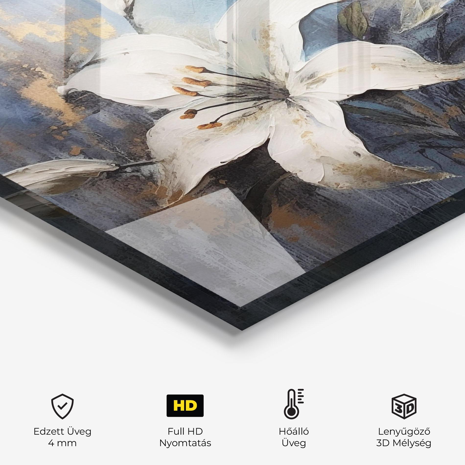 Konyhai üveg hátfal Gold Lily Painting mockup 2