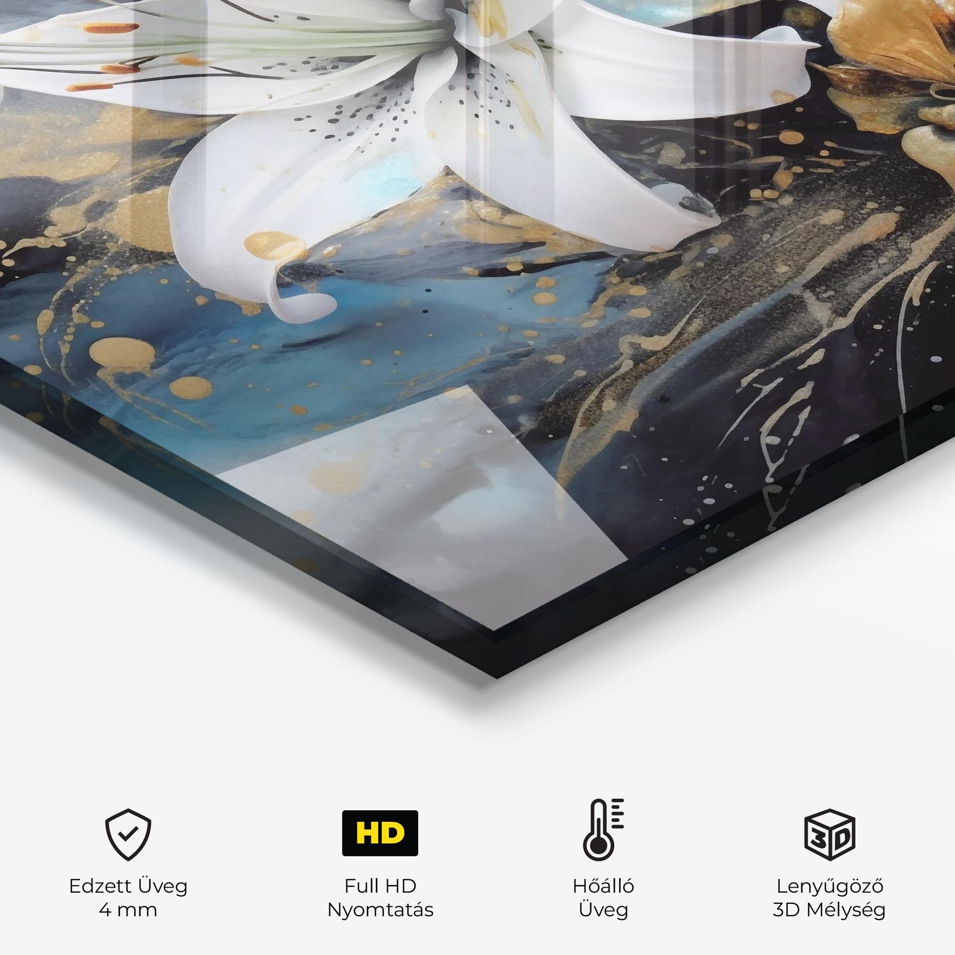 Konyhai üveg hátfal Lily On Blue Painting mockup 2