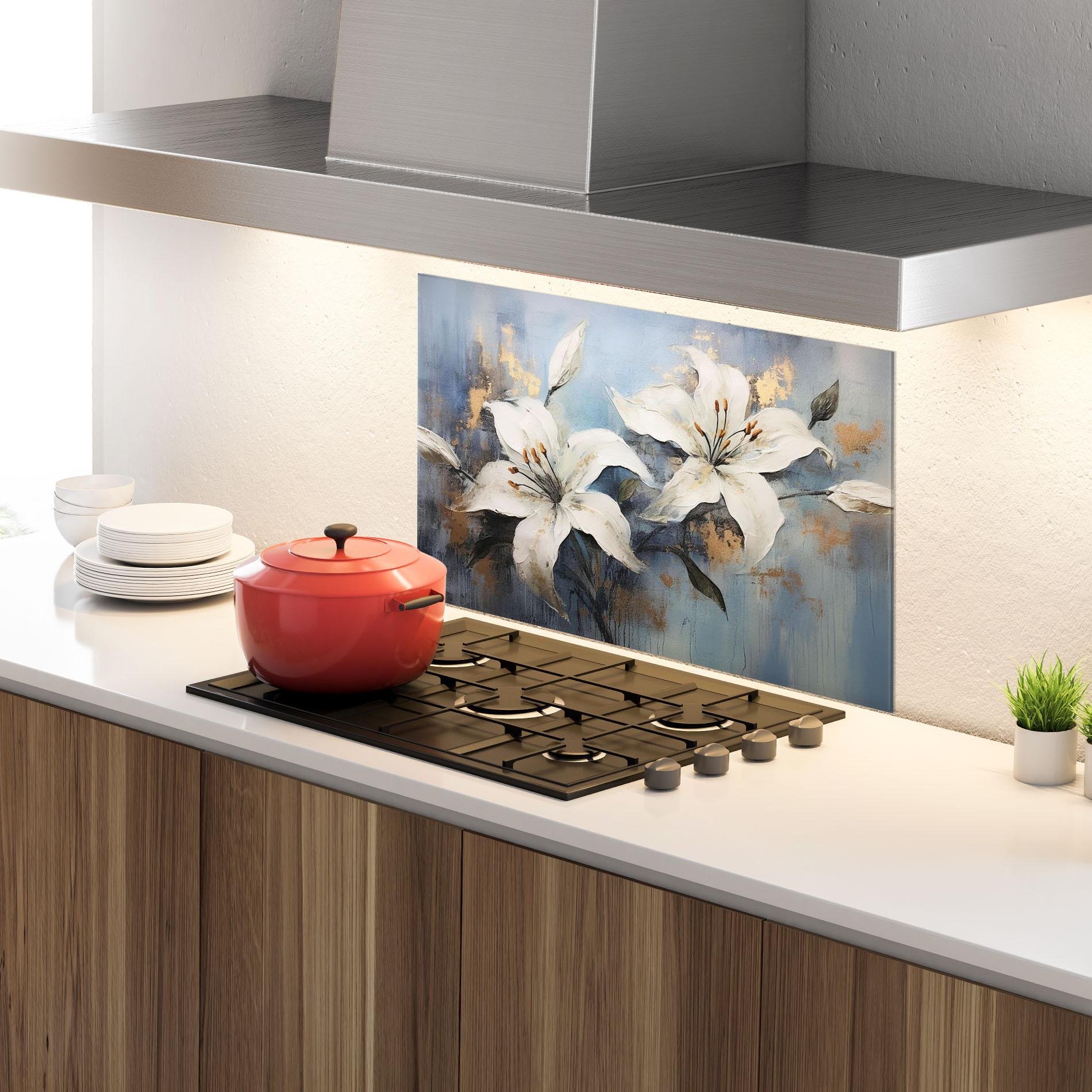 Konyhai üveg hátfal Gold Lily Painting mockup 4