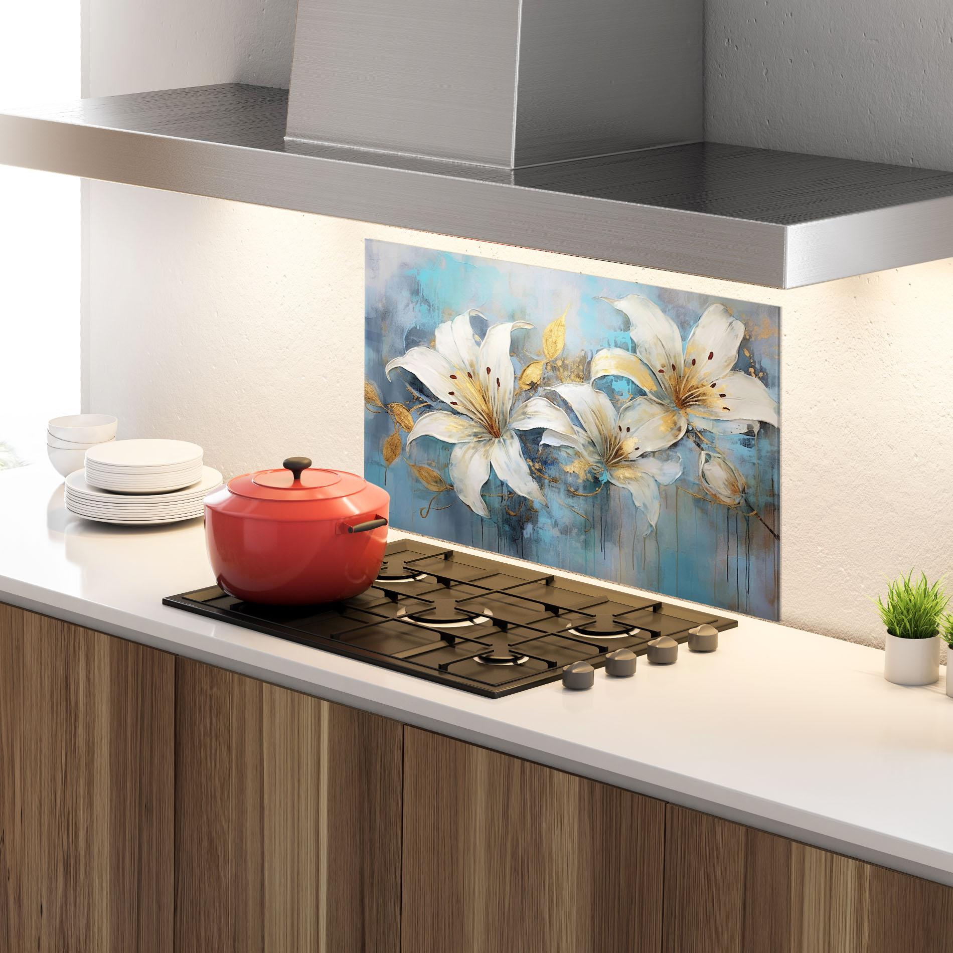 Konyhai üveg hátfal Lily With Gold Painting mockup 4