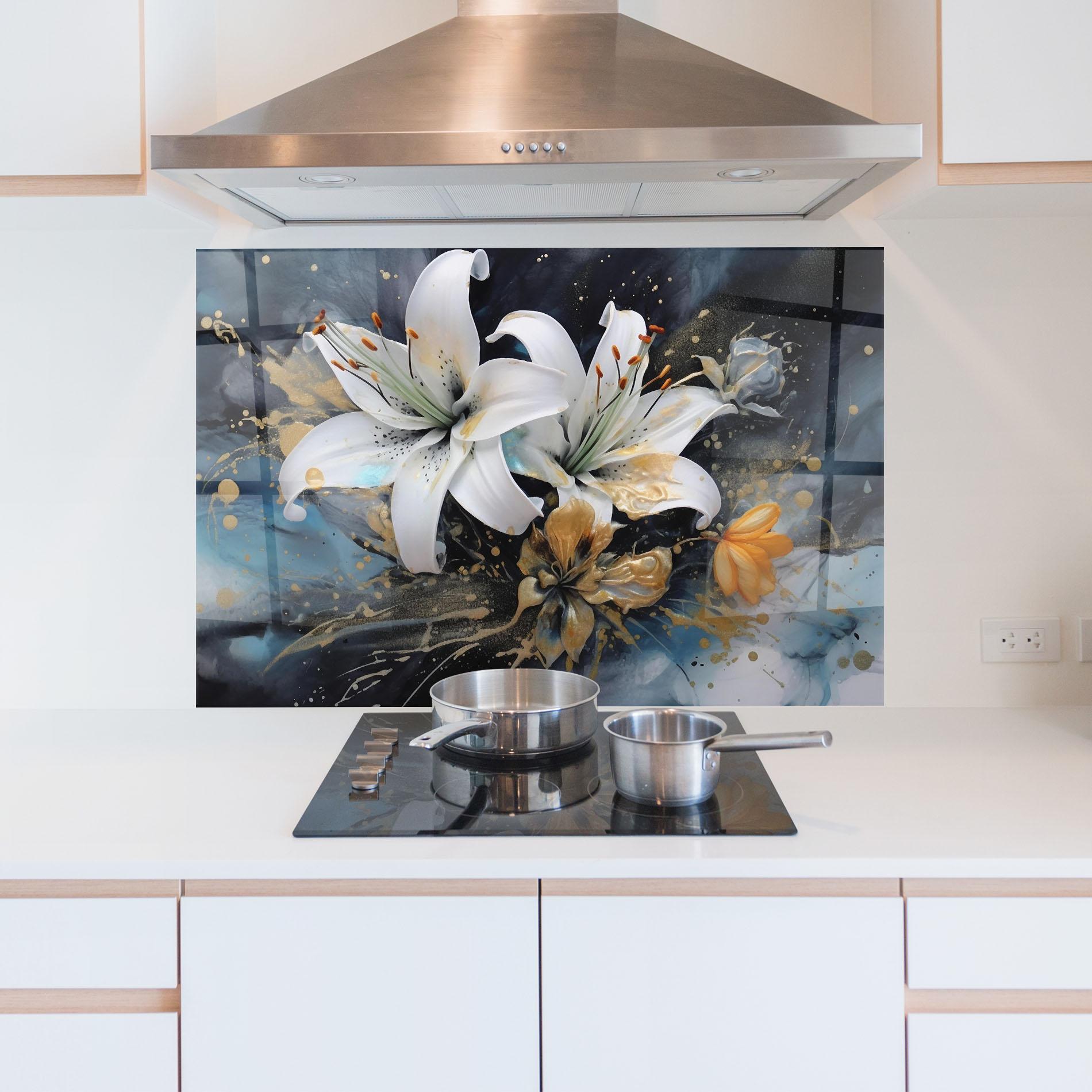 Konyhai üveg hátfal Lily On Blue Painting mockup 5