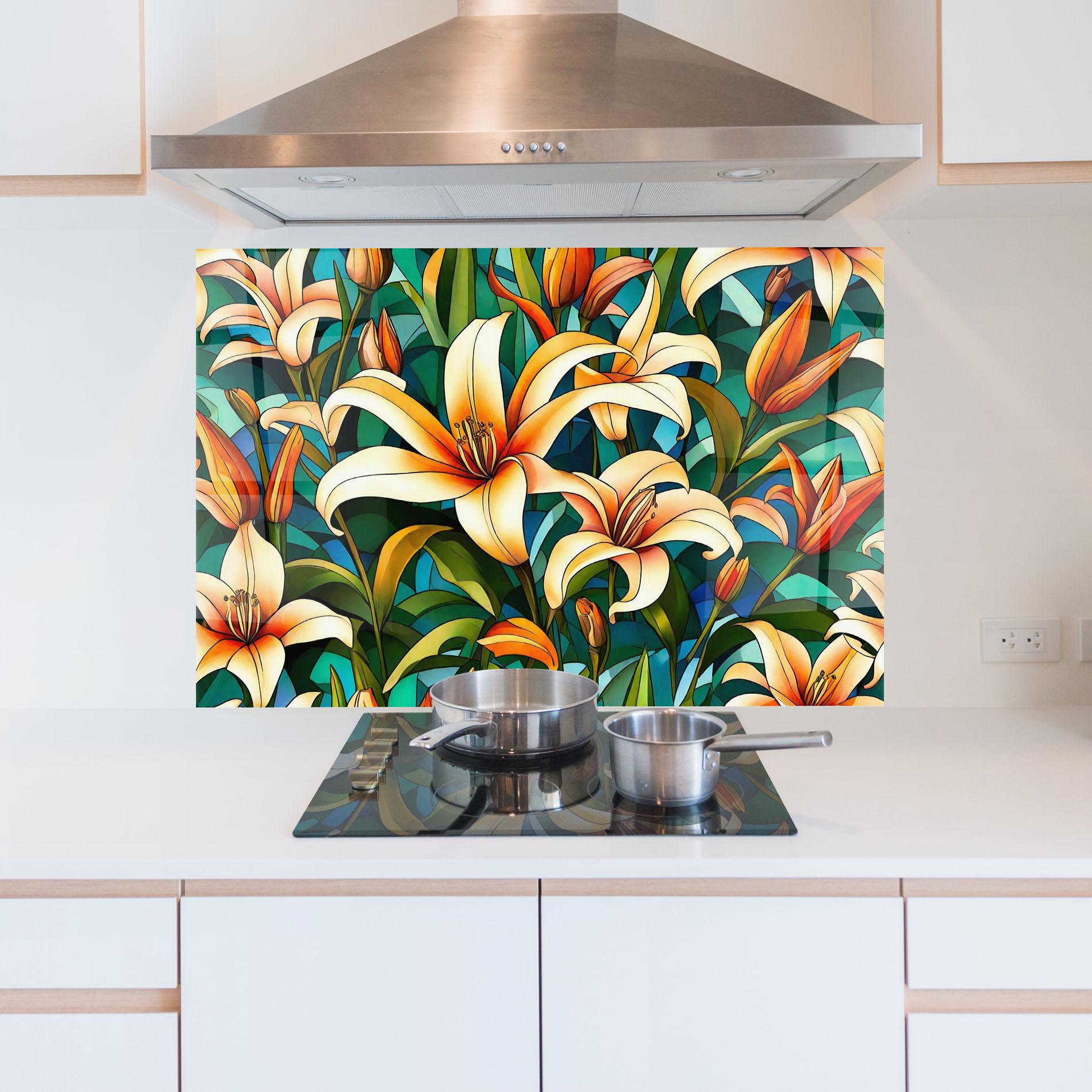 Konyhai üveg hátfal Lily Pattern mockup 5