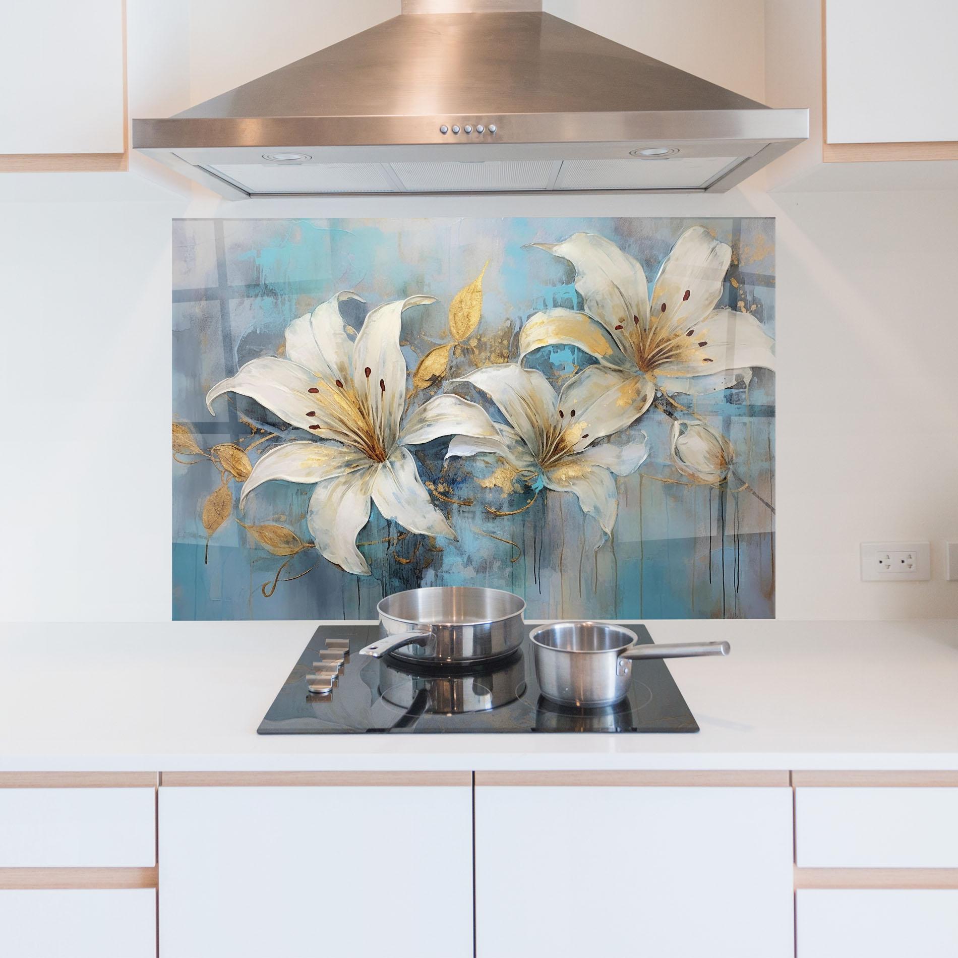 Konyhai üveg hátfal Lily With Gold Painting mockup 5