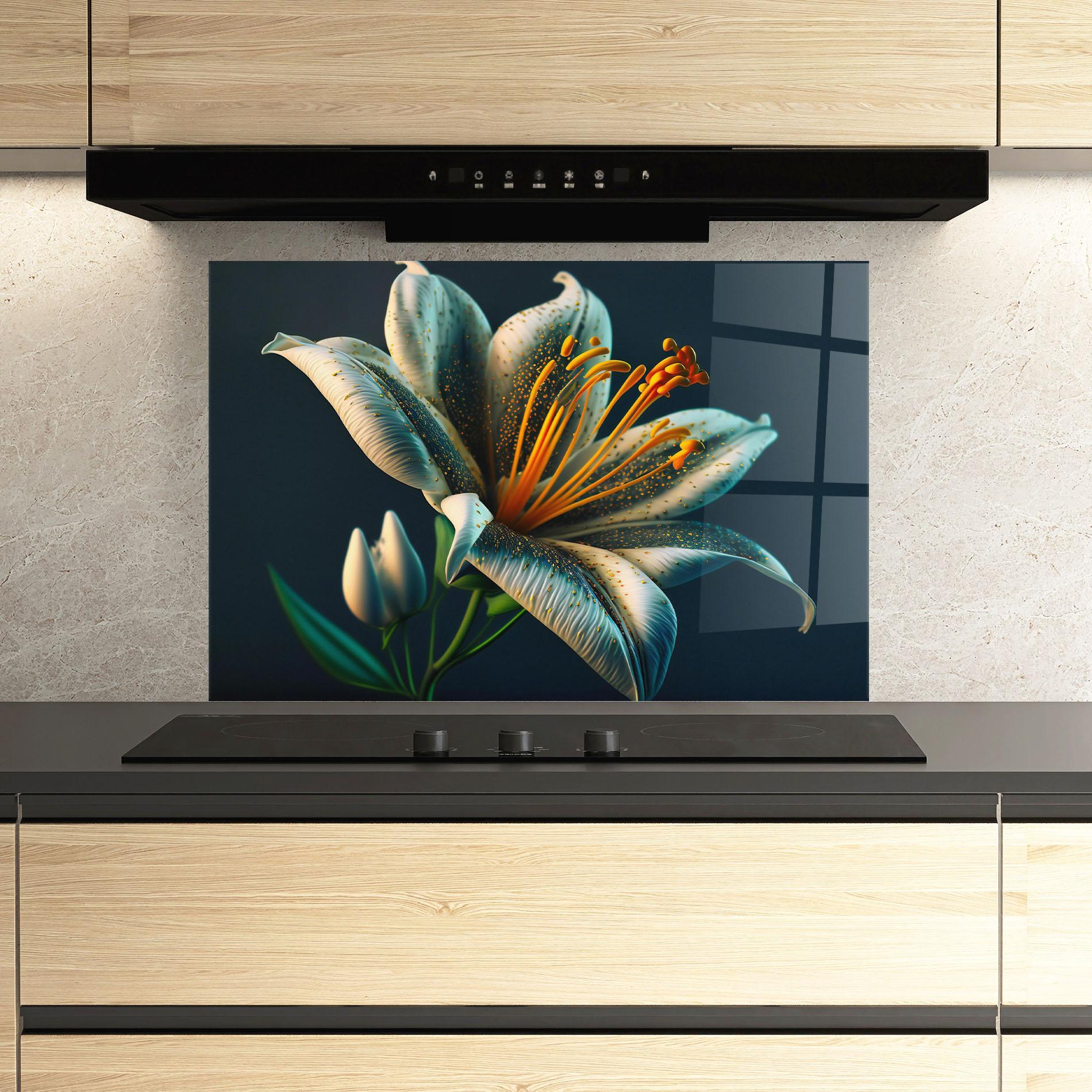 Konyhai üveg hátfal Blue Grey Lily mockup 3