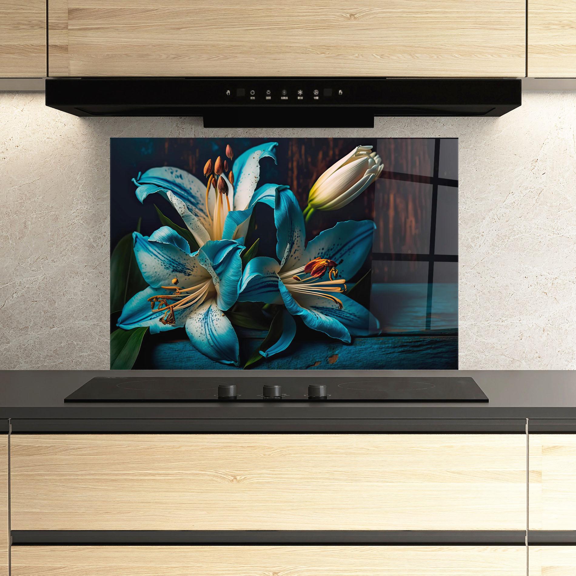 Konyhai üveg hátfal Blue Lily mockup 3