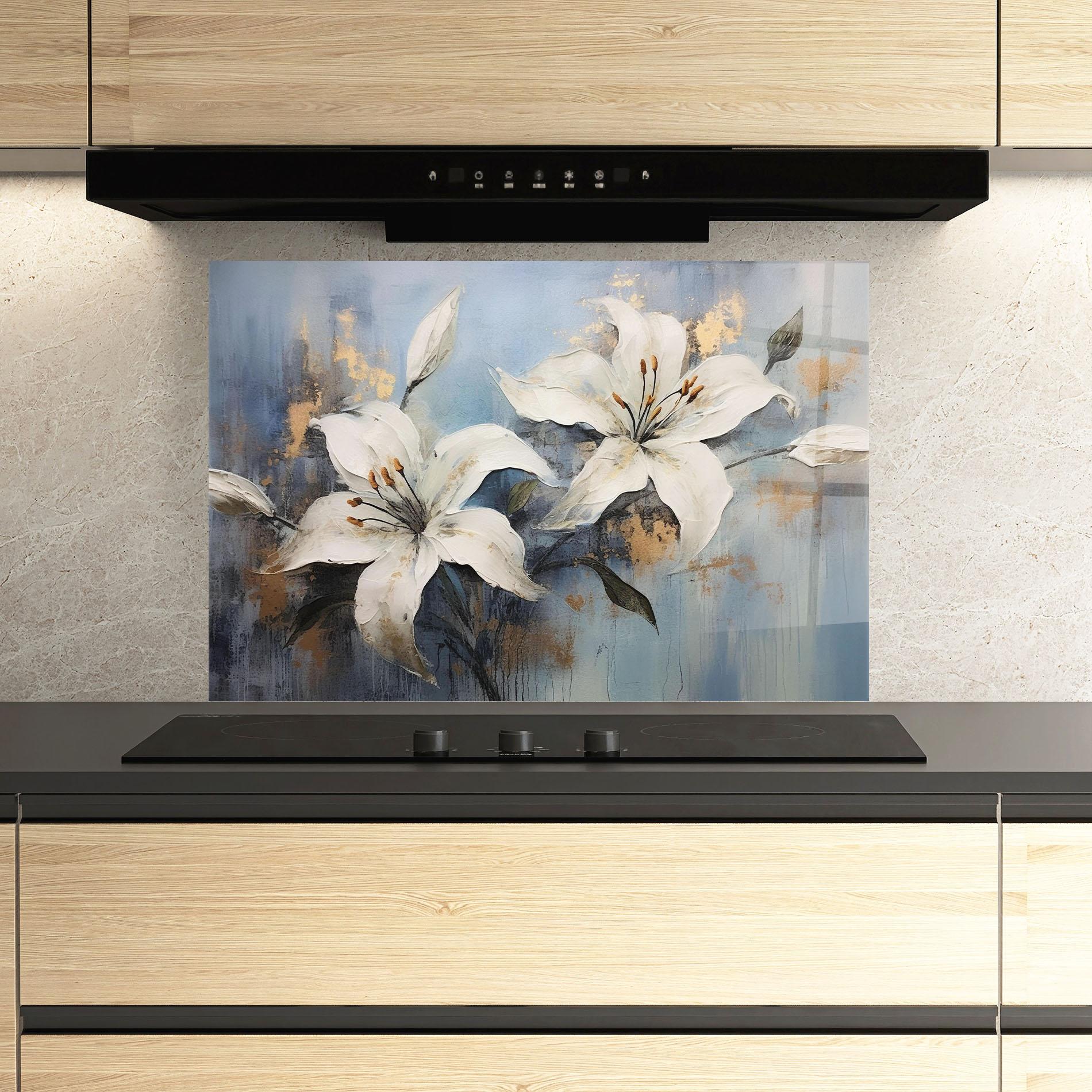 Konyhai üveg hátfal Gold Lily Painting mockup 3