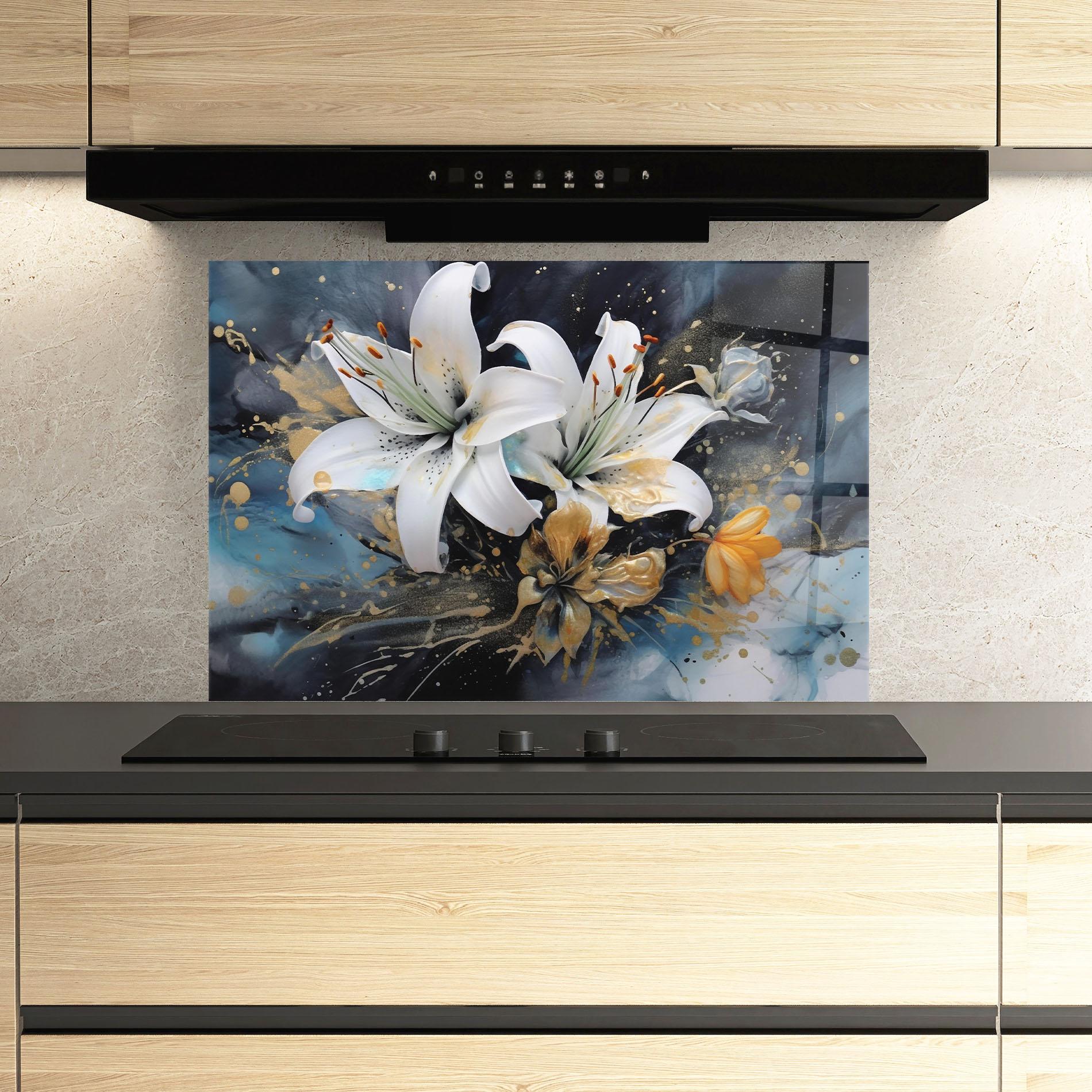 Konyhai üveg hátfal Lily On Blue Painting mockup 3
