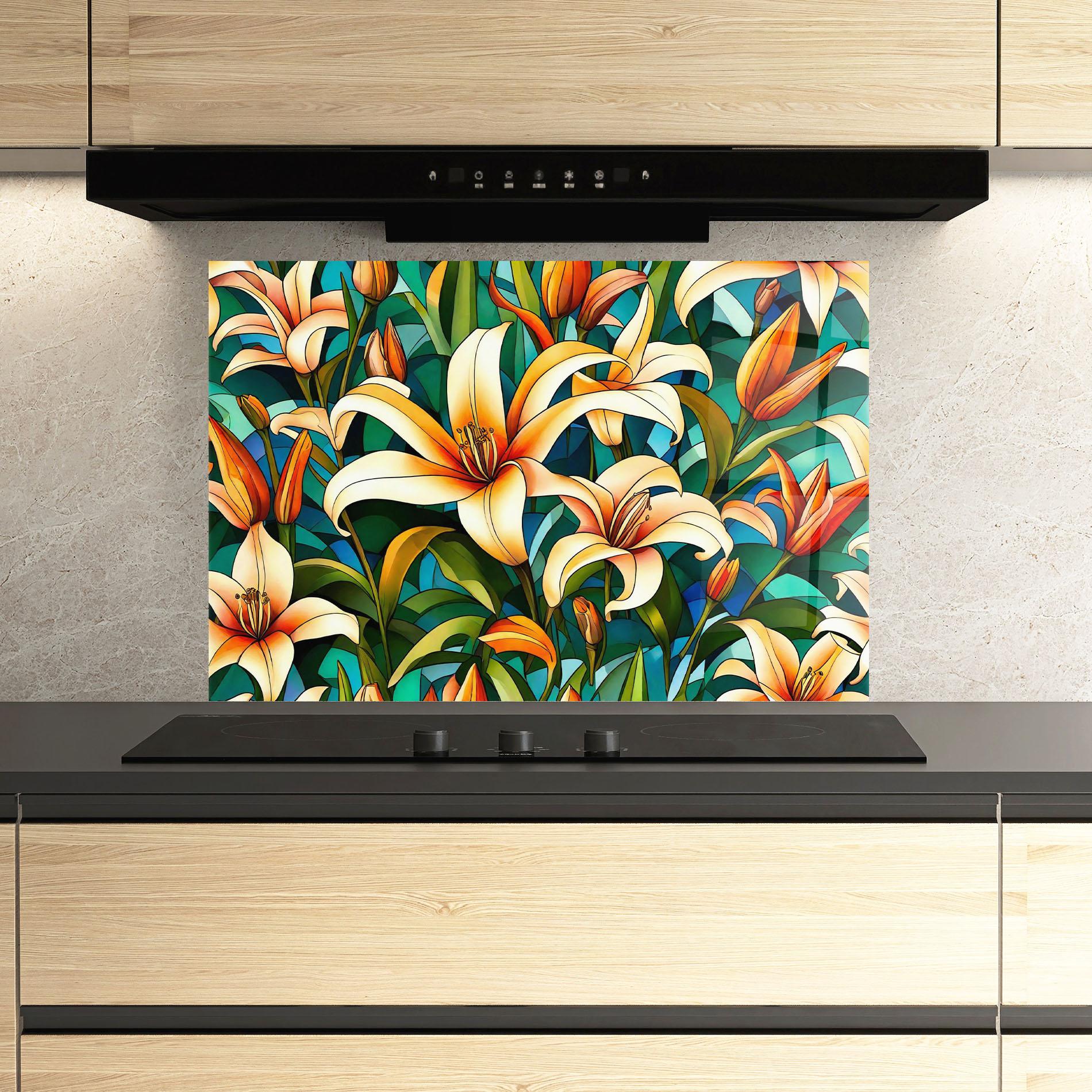 Konyhai üveg hátfal Lily Pattern mockup 3