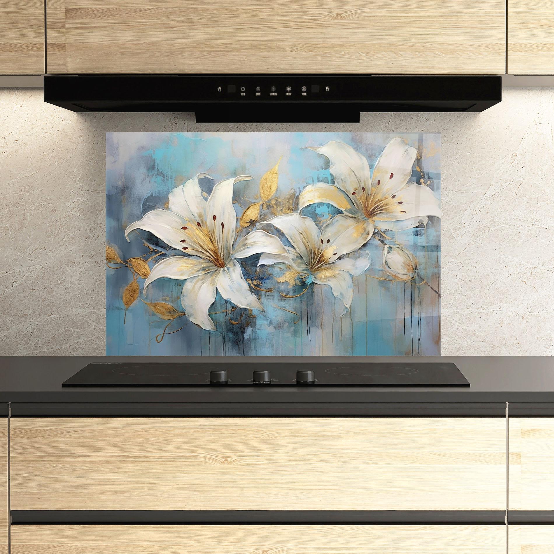 Konyhai üveg hátfal Lily With Gold Painting mockup 3
