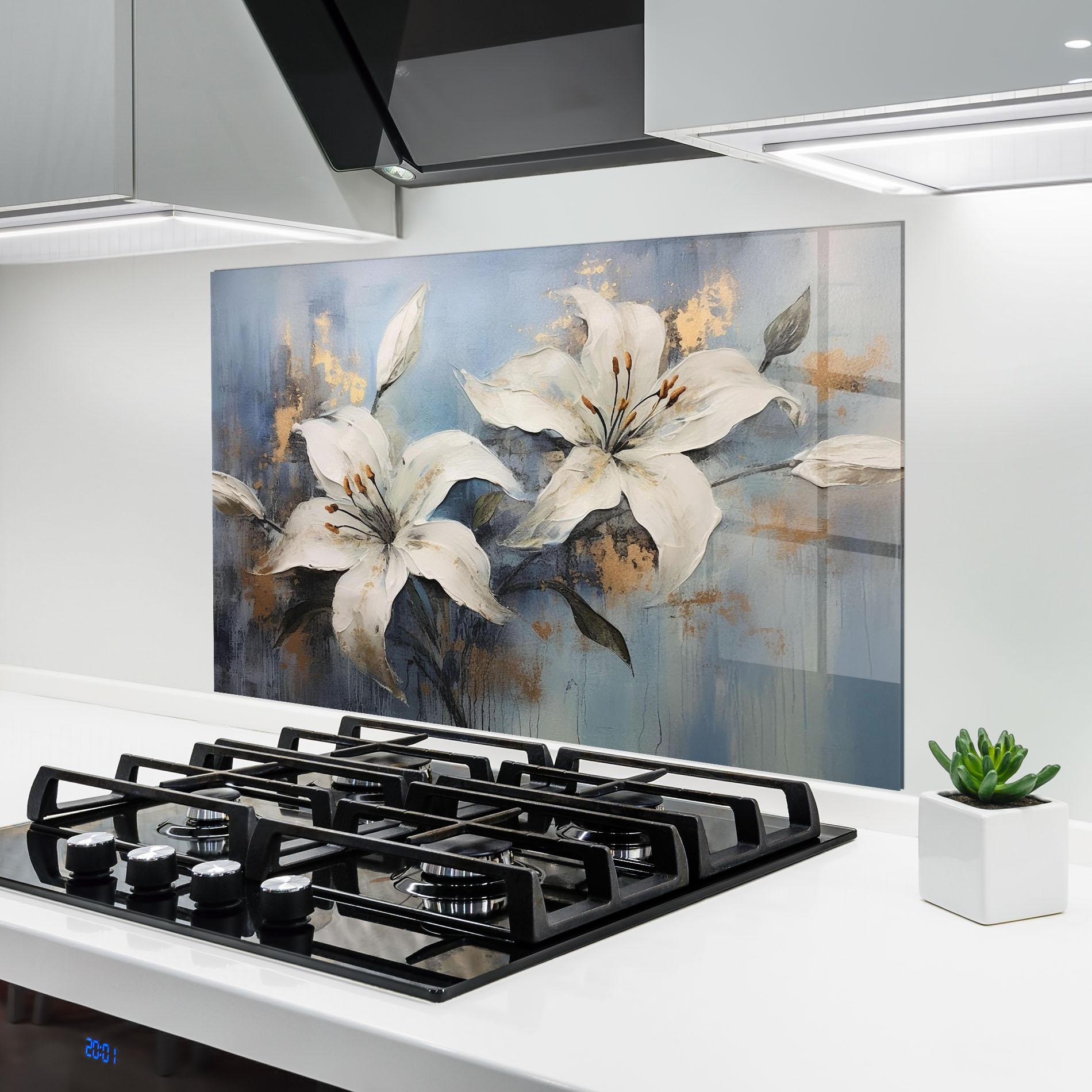 Konyhai üveg hátfal Gold Lily Painting mockup 6