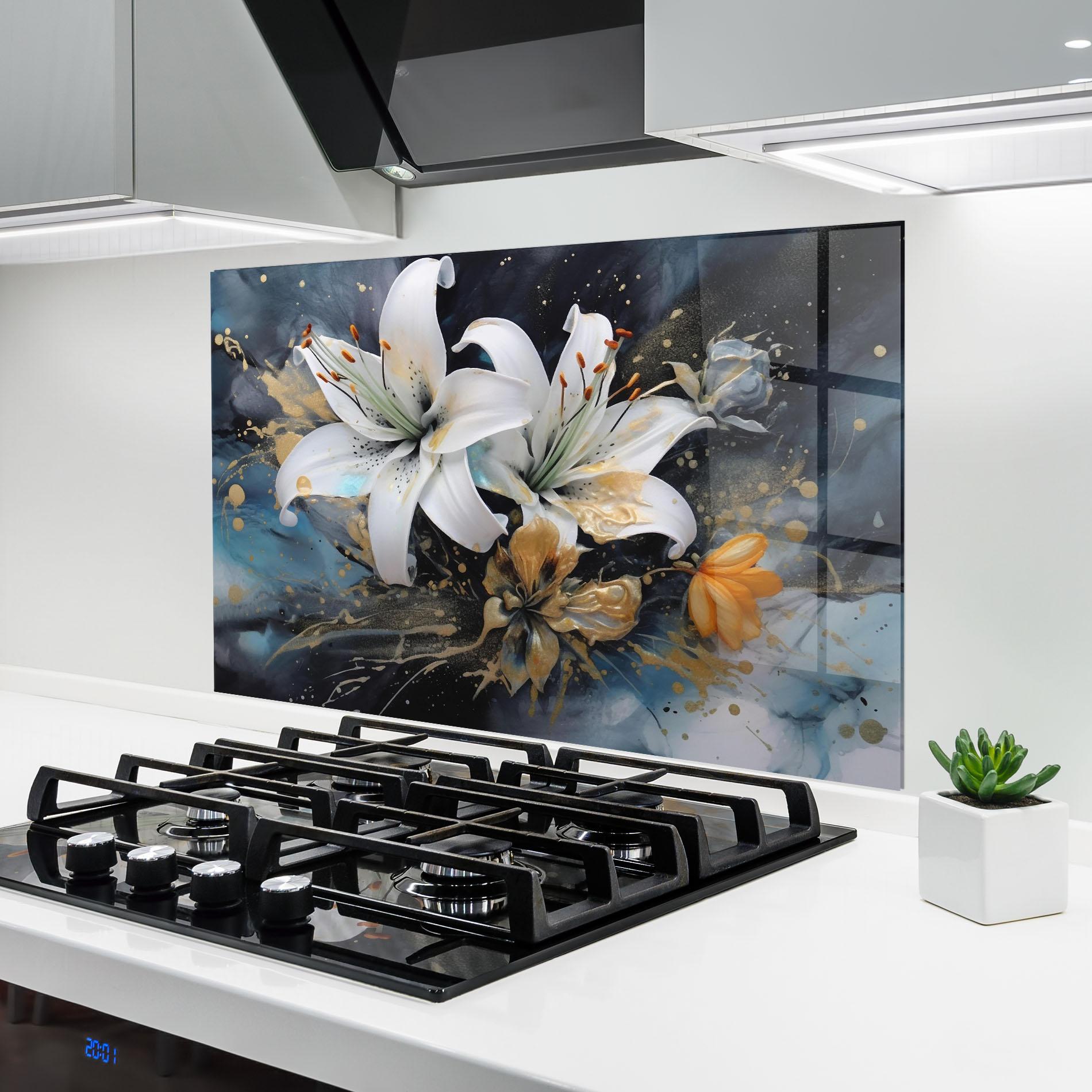 Konyhai üveg hátfal Lily On Blue Painting mockup 6