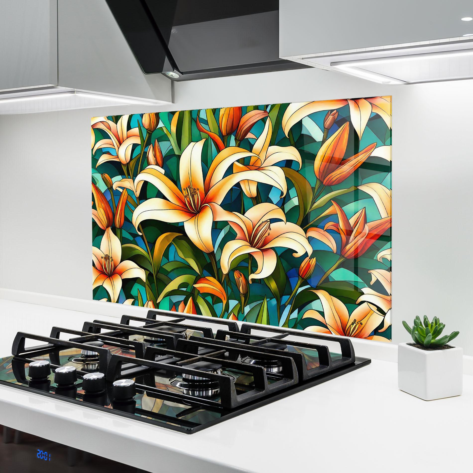 Konyhai üveg hátfal Lily Pattern mockup 6