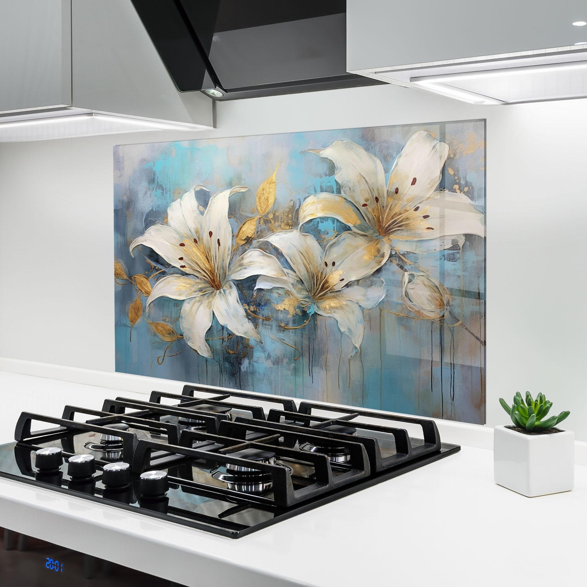 Konyhai üveg hátfal Lily With Gold Painting mockup 6