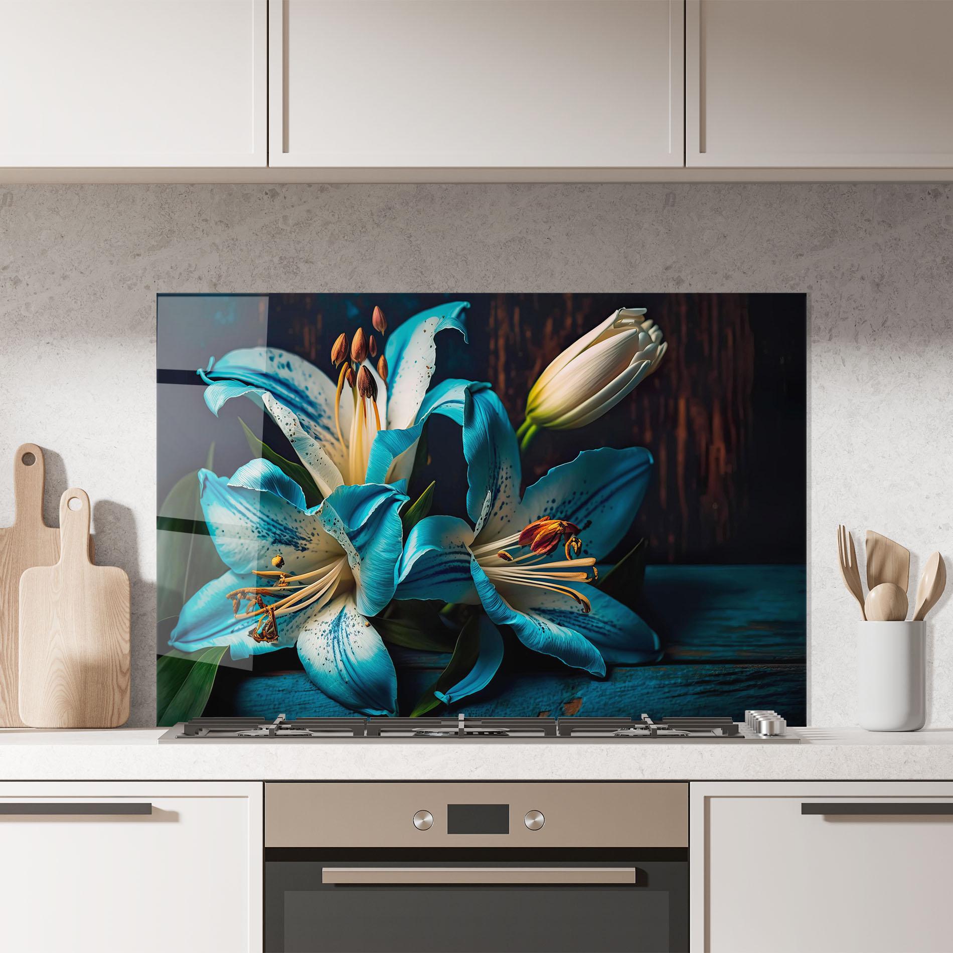 Konyhai üveg hátfal Blue Lily mockup 7