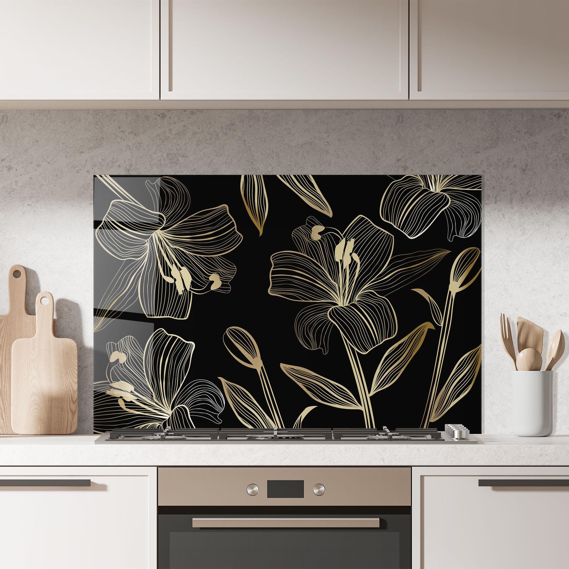 Konyhai üveg hátfal Gold Black Lily mockup 7