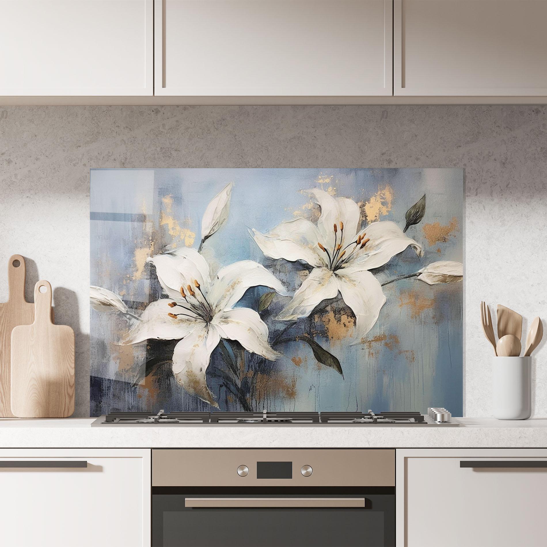 Konyhai üveg hátfal Gold Lily Painting mockup 7