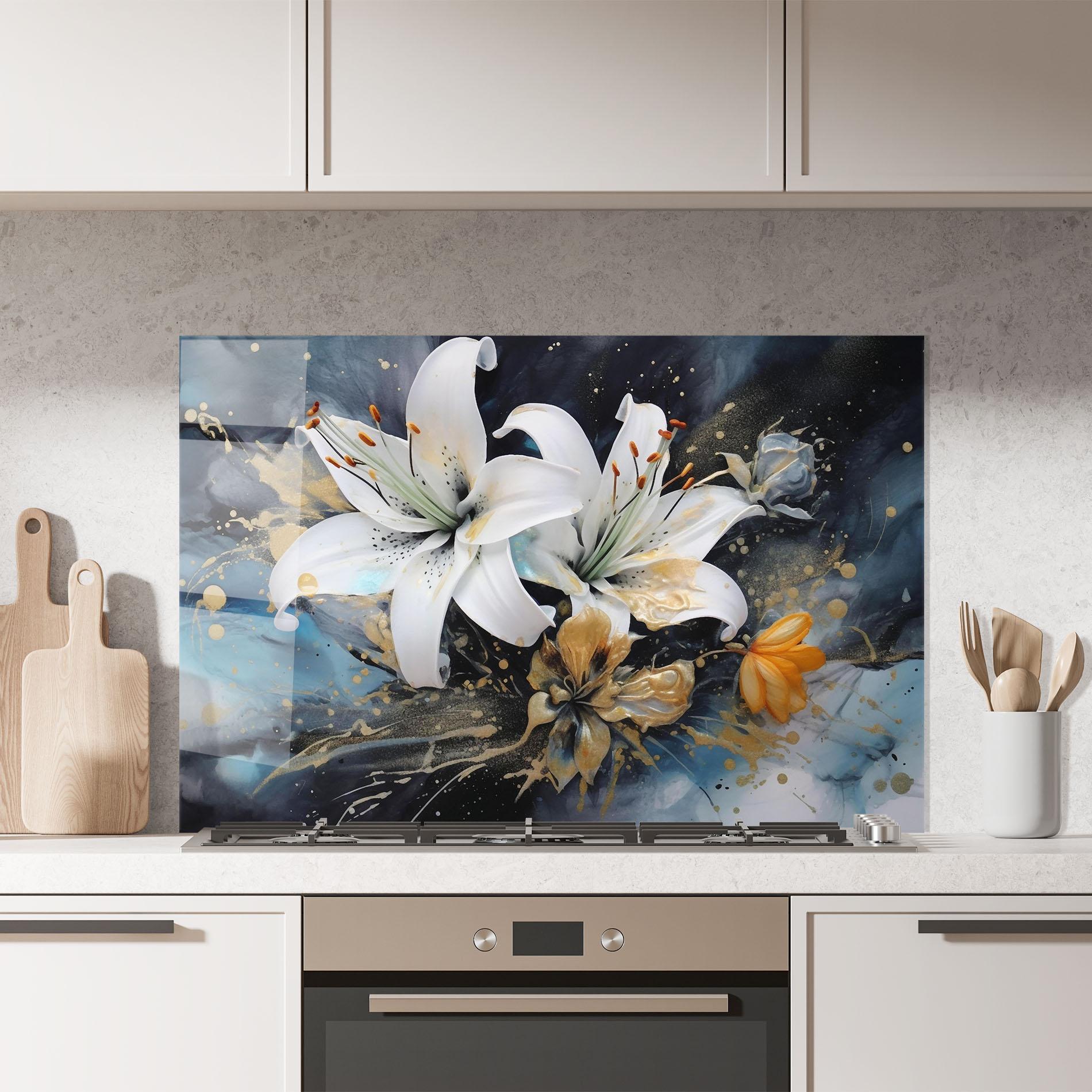Konyhai üveg hátfal Lily On Blue Painting mockup 7