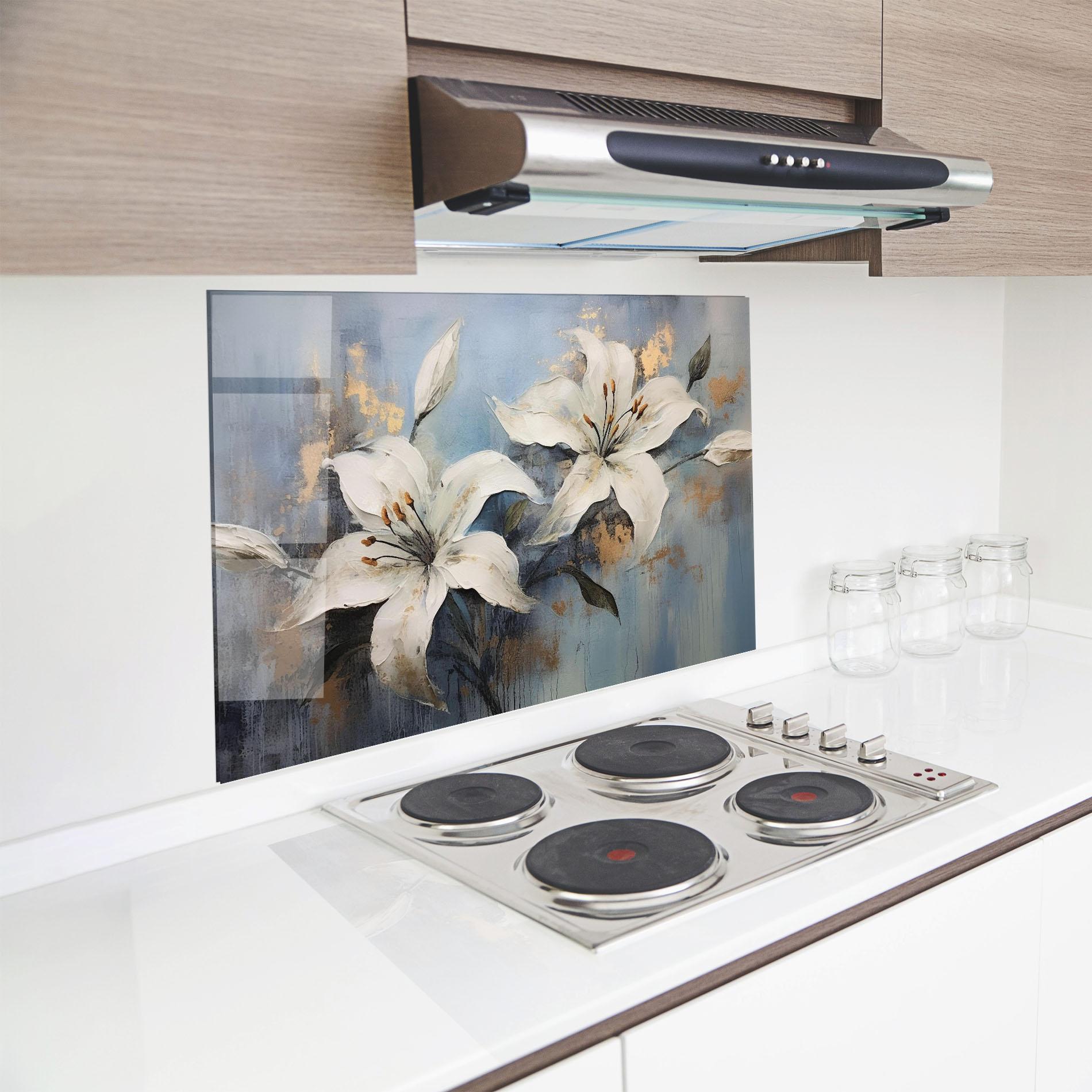 Konyhai üveg hátfal Gold Lily Painting mockup 8