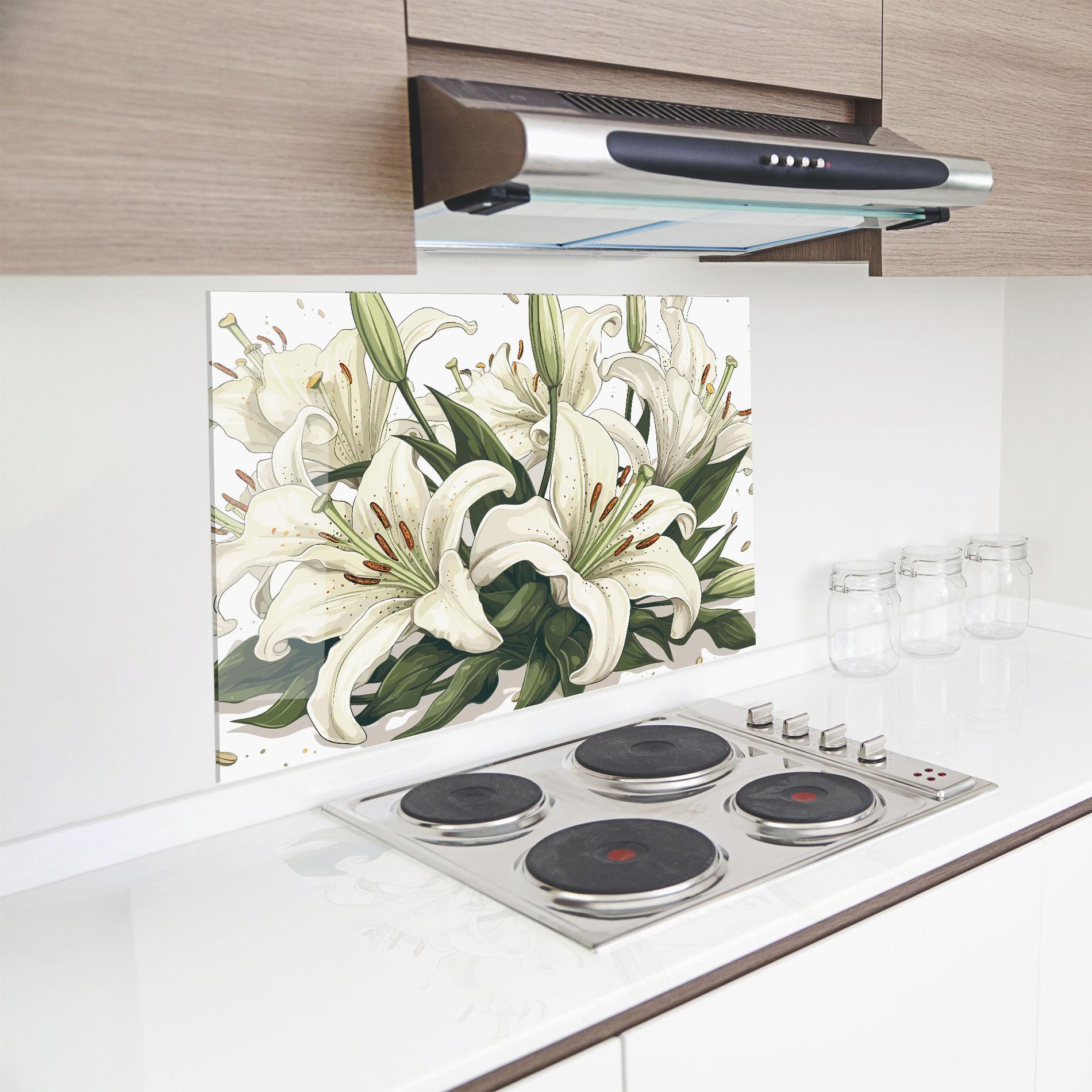 Konyhai üveg hátfal Grey White Lily mockup 8