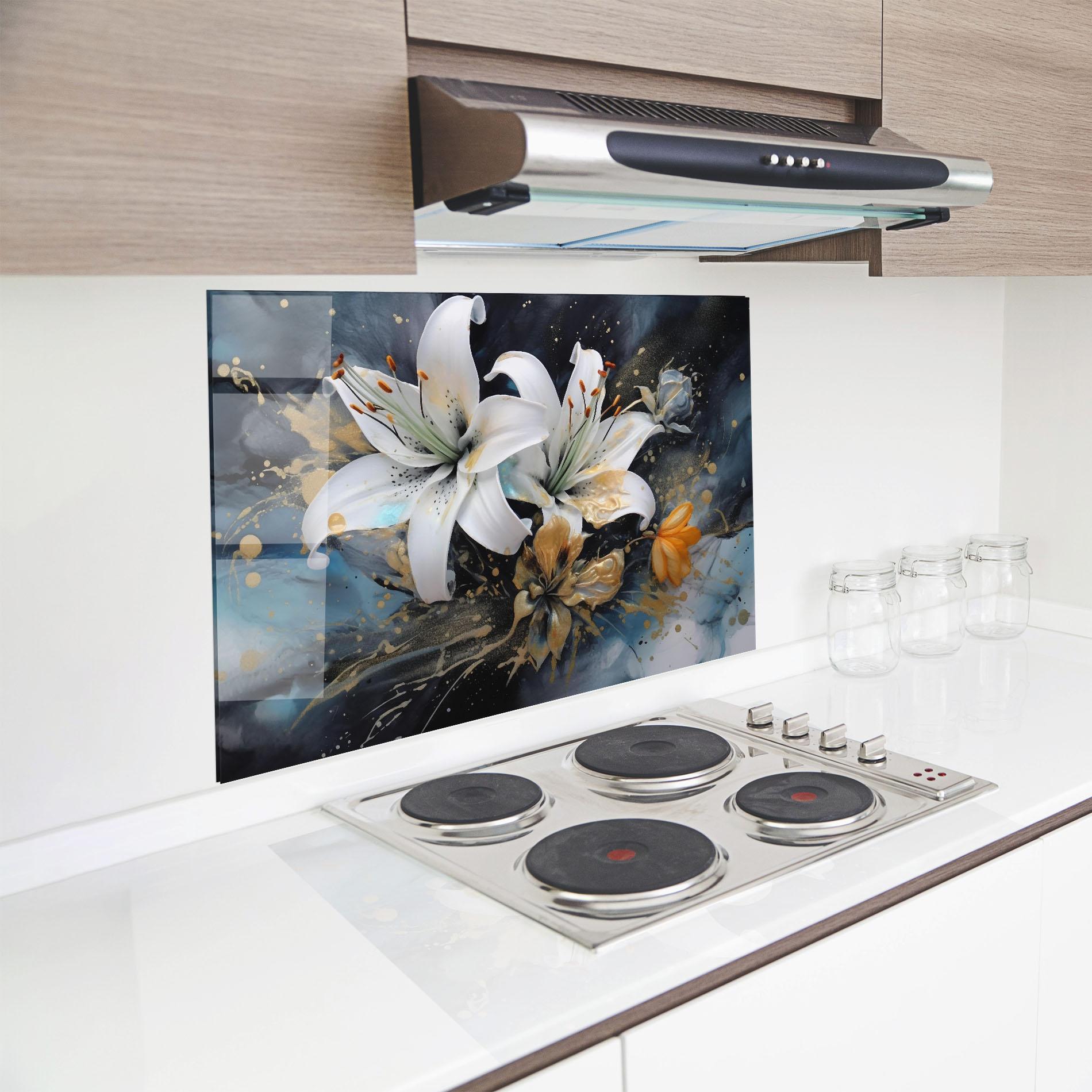Konyhai üveg hátfal Lily On Blue Painting mockup 8