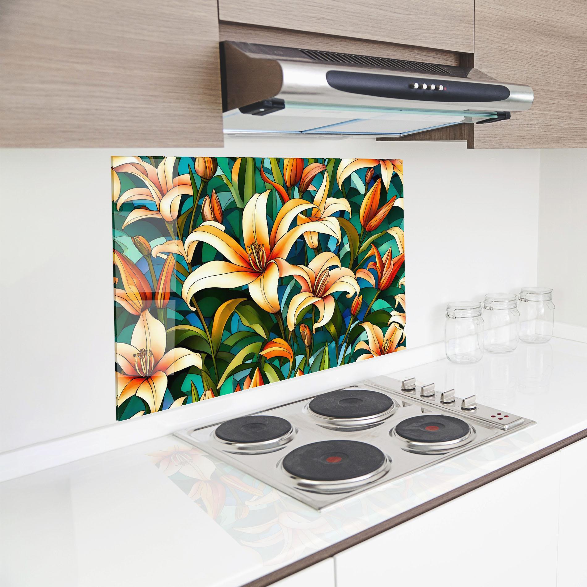 Konyhai üveg hátfal Lily Pattern mockup 8