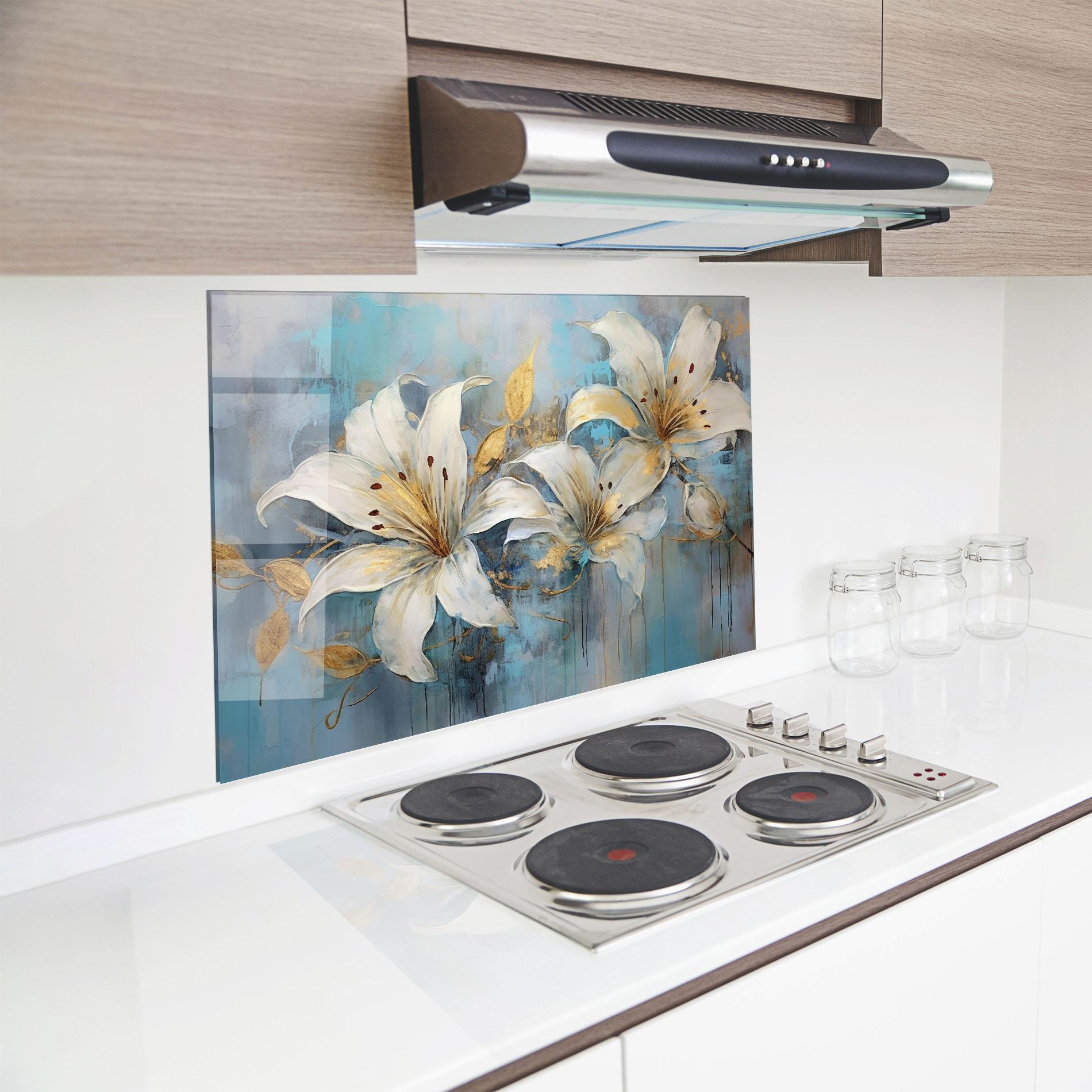 Konyhai üveg hátfal Lily With Gold Painting mockup 8