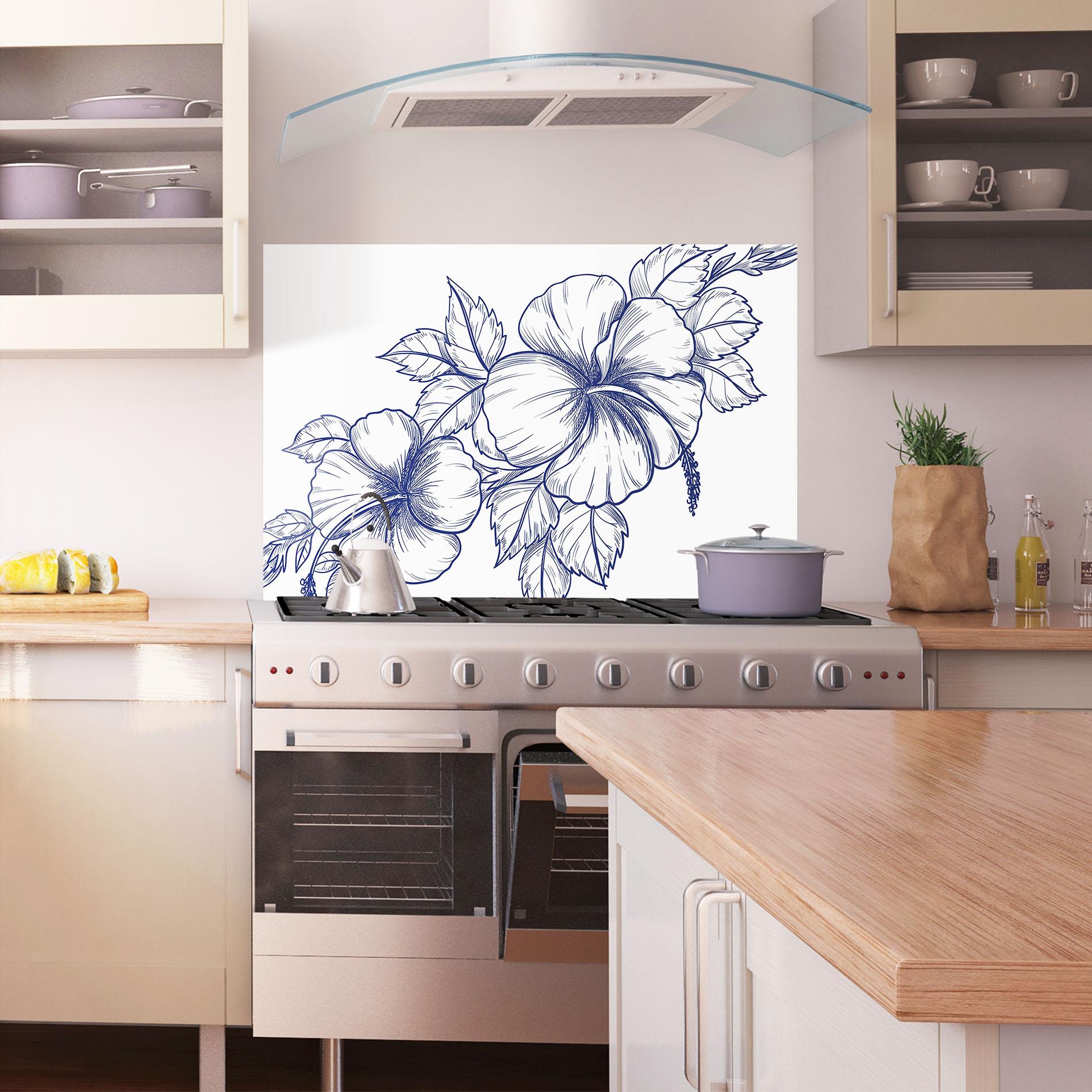 Konyhai üveg hátfal Dark Blue Line Flower mockup 1
