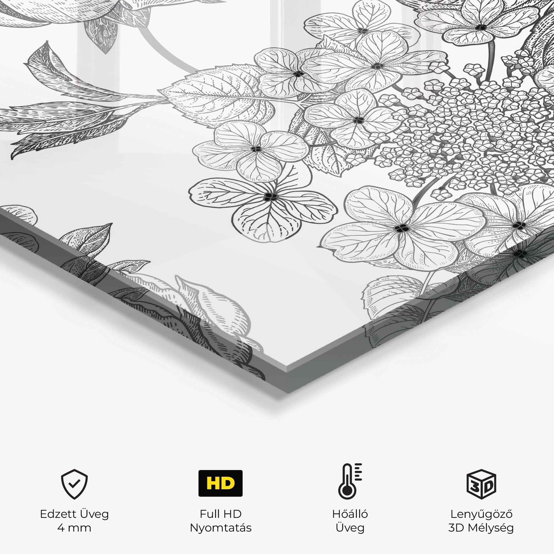 Konyhai üveg hátfal Black Line Flower mockup 2