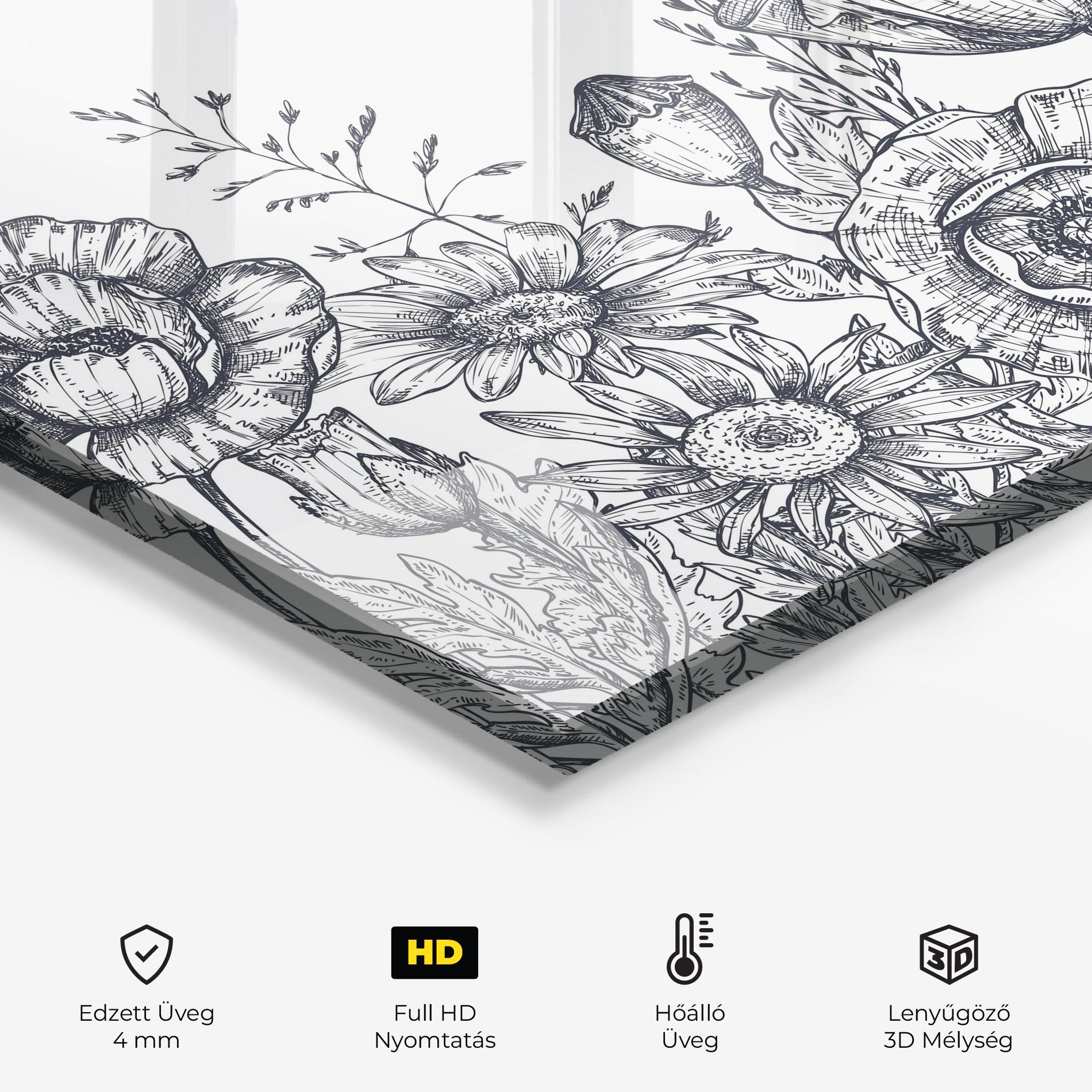 Konyhai üveg hátfal Flower Grey Line mockup 2