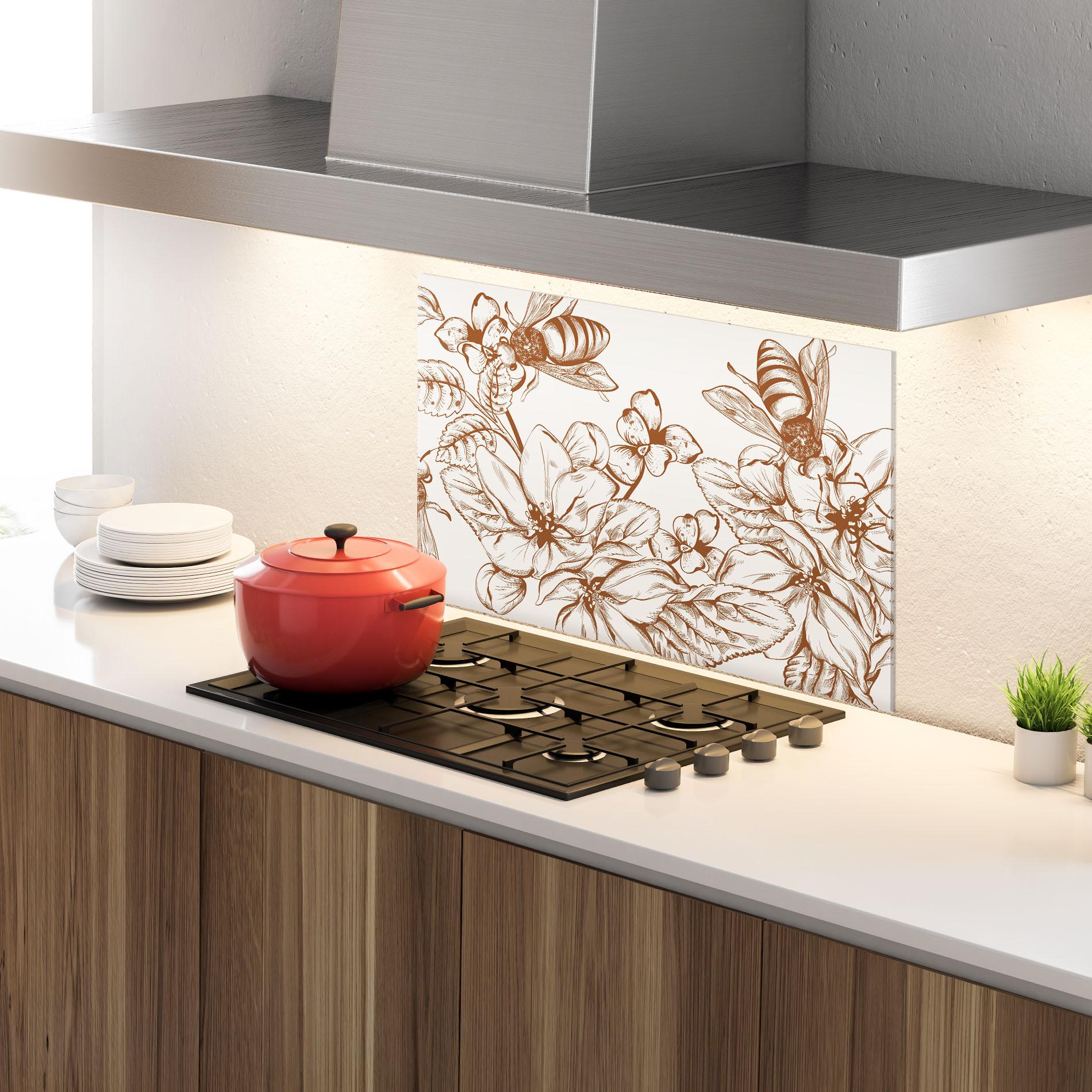 Konyhai üveg hátfal Bee Flower Line mockup 4