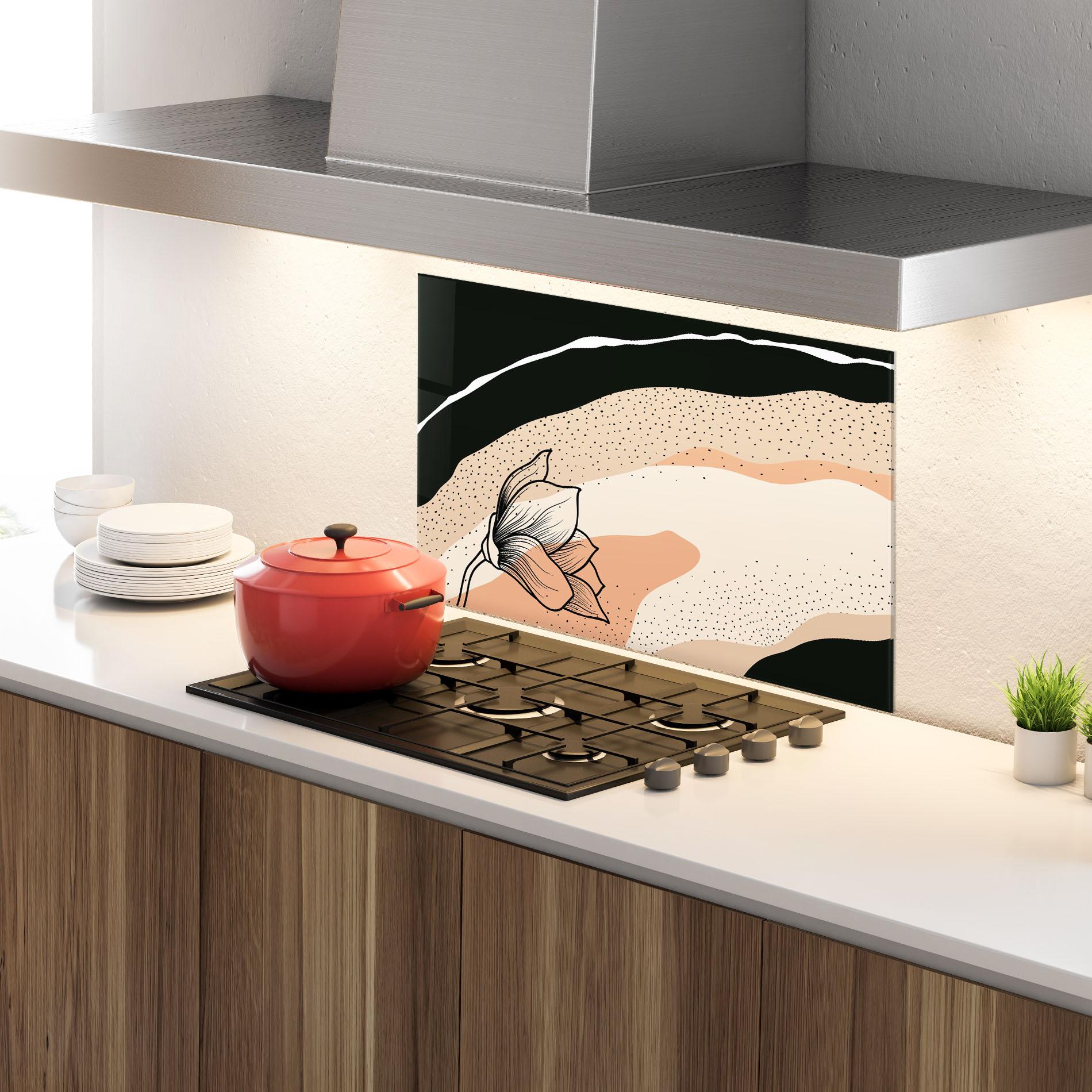Konyhai üveg hátfal Black Line Art Plant mockup 4