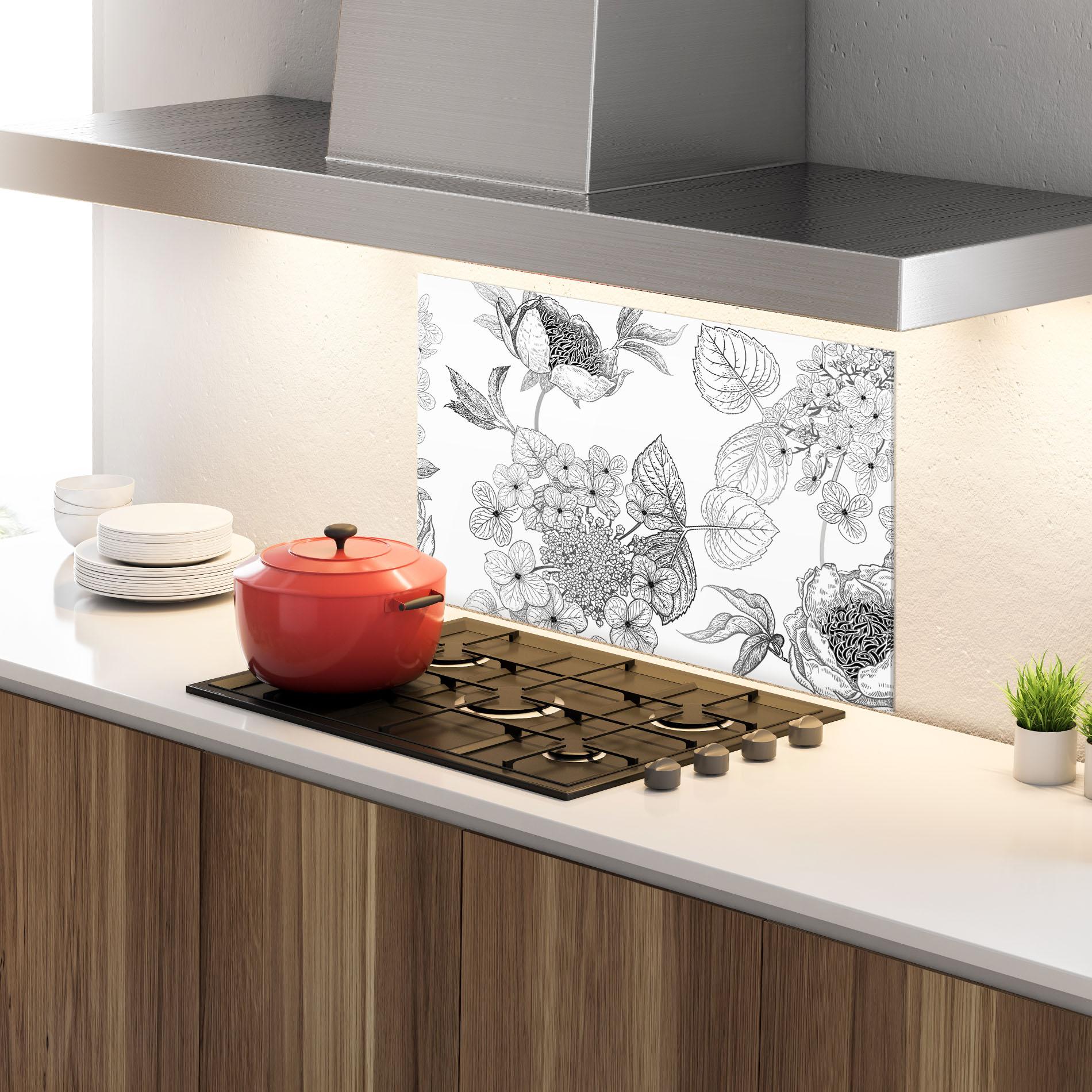 Konyhai üveg hátfal Black Line Flower mockup 4