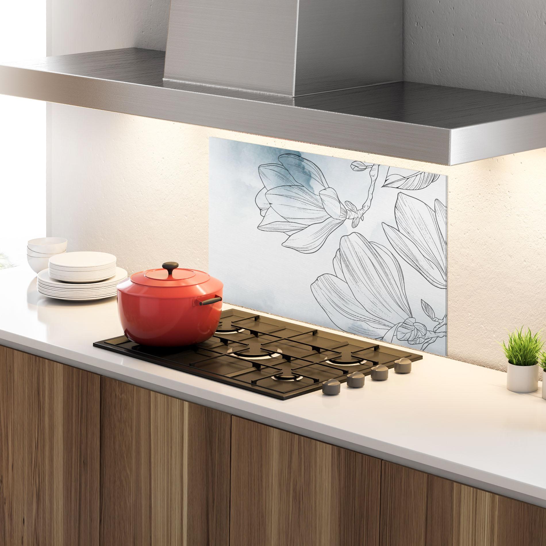 Konyhai üveg hátfal Blue Line Flower mockup 4