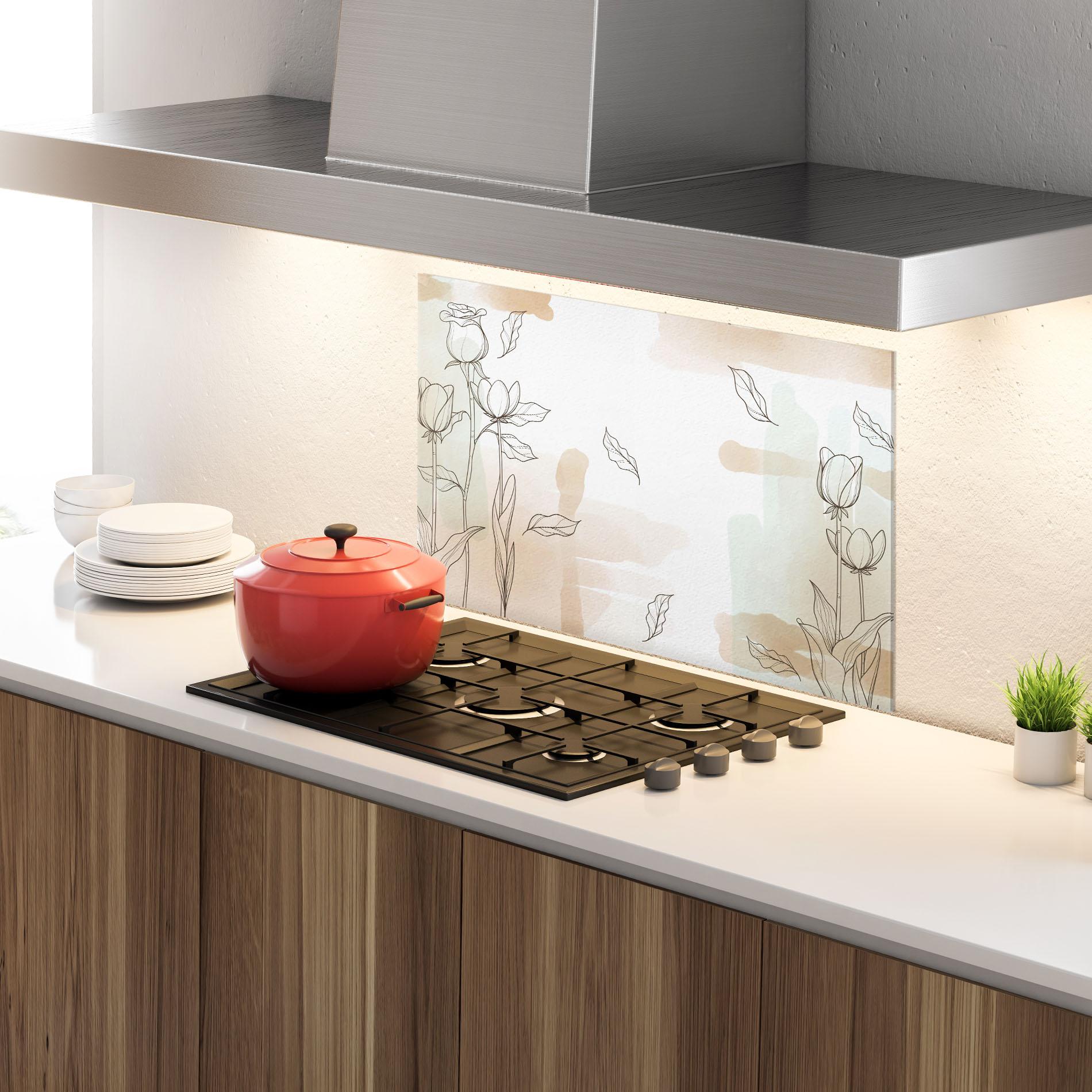 Konyhai üveg hátfal Brown Line Flower mockup 4