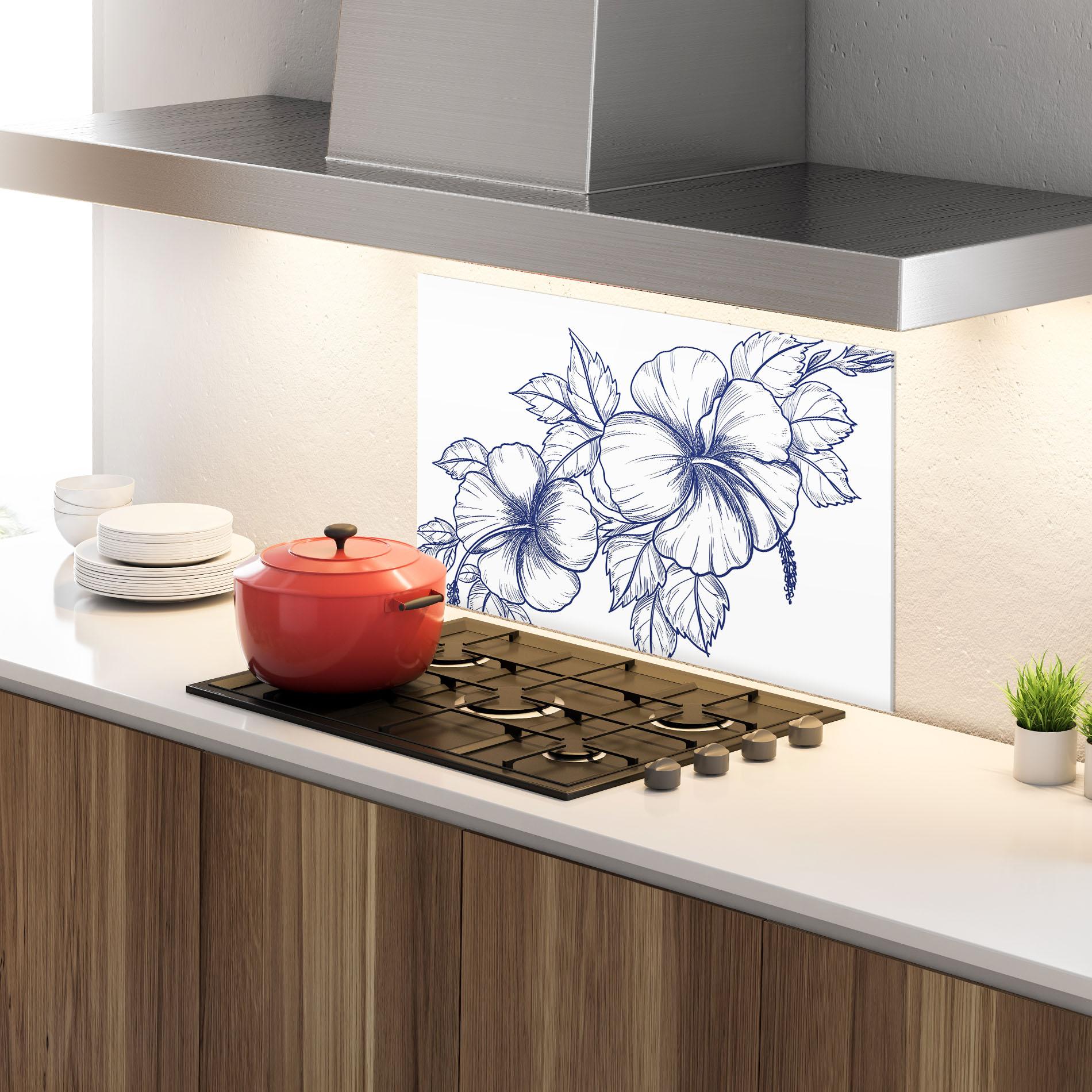 Konyhai üveg hátfal Dark Blue Line Flower mockup 4