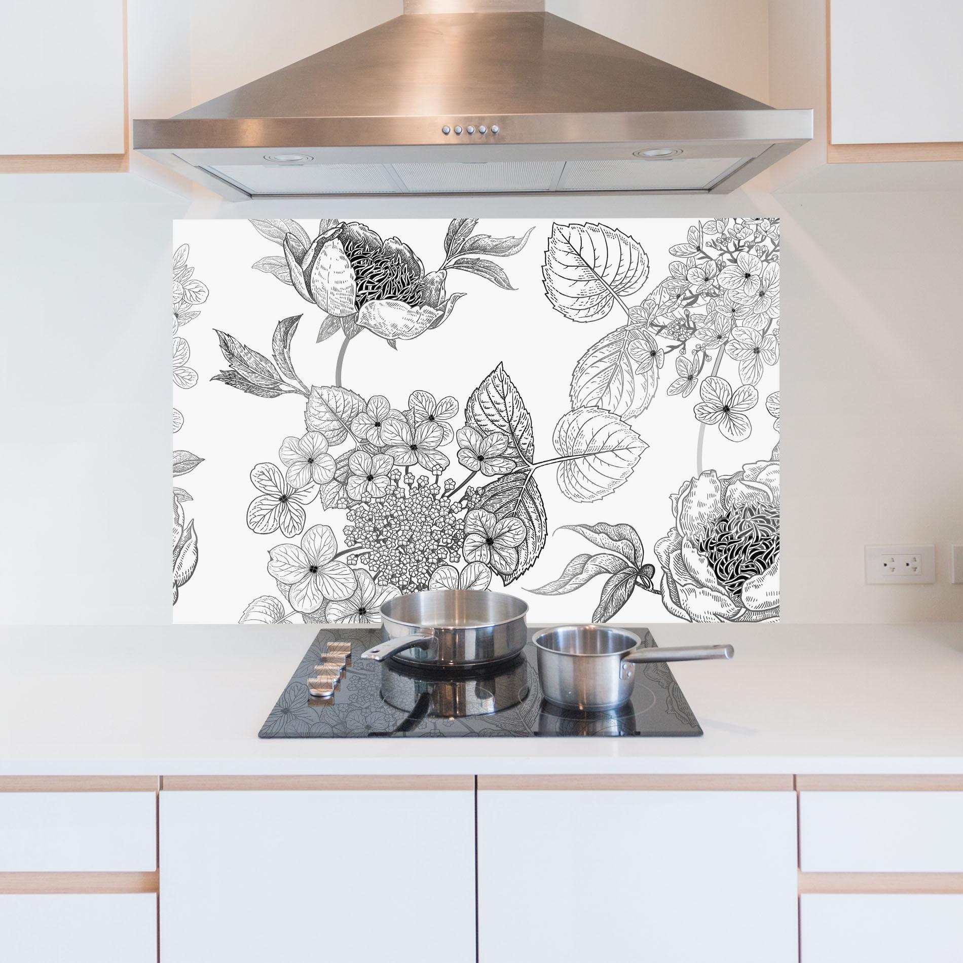 Konyhai üveg hátfal Black Line Flower mockup 5