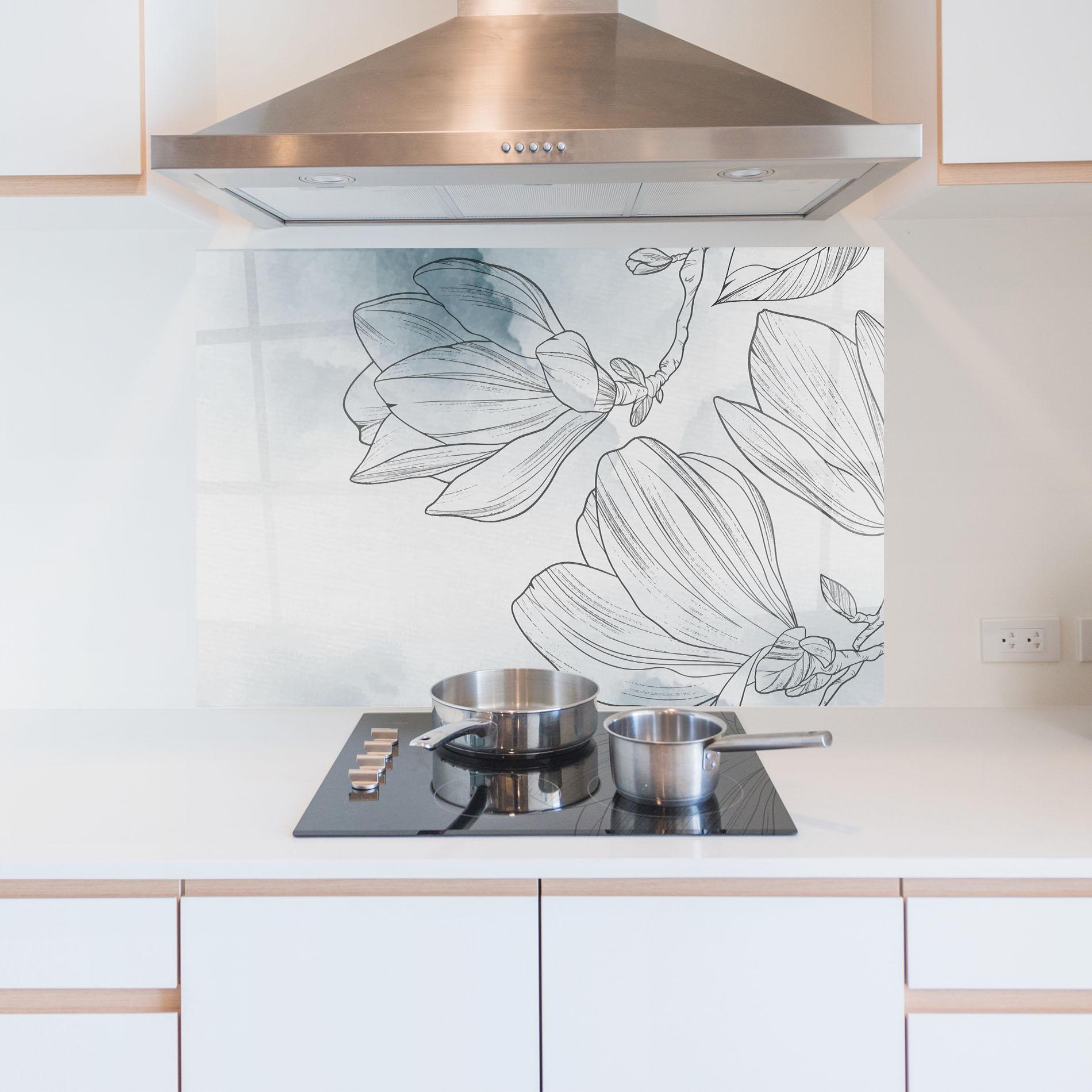 Konyhai üveg hátfal Blue Line Flower mockup 5