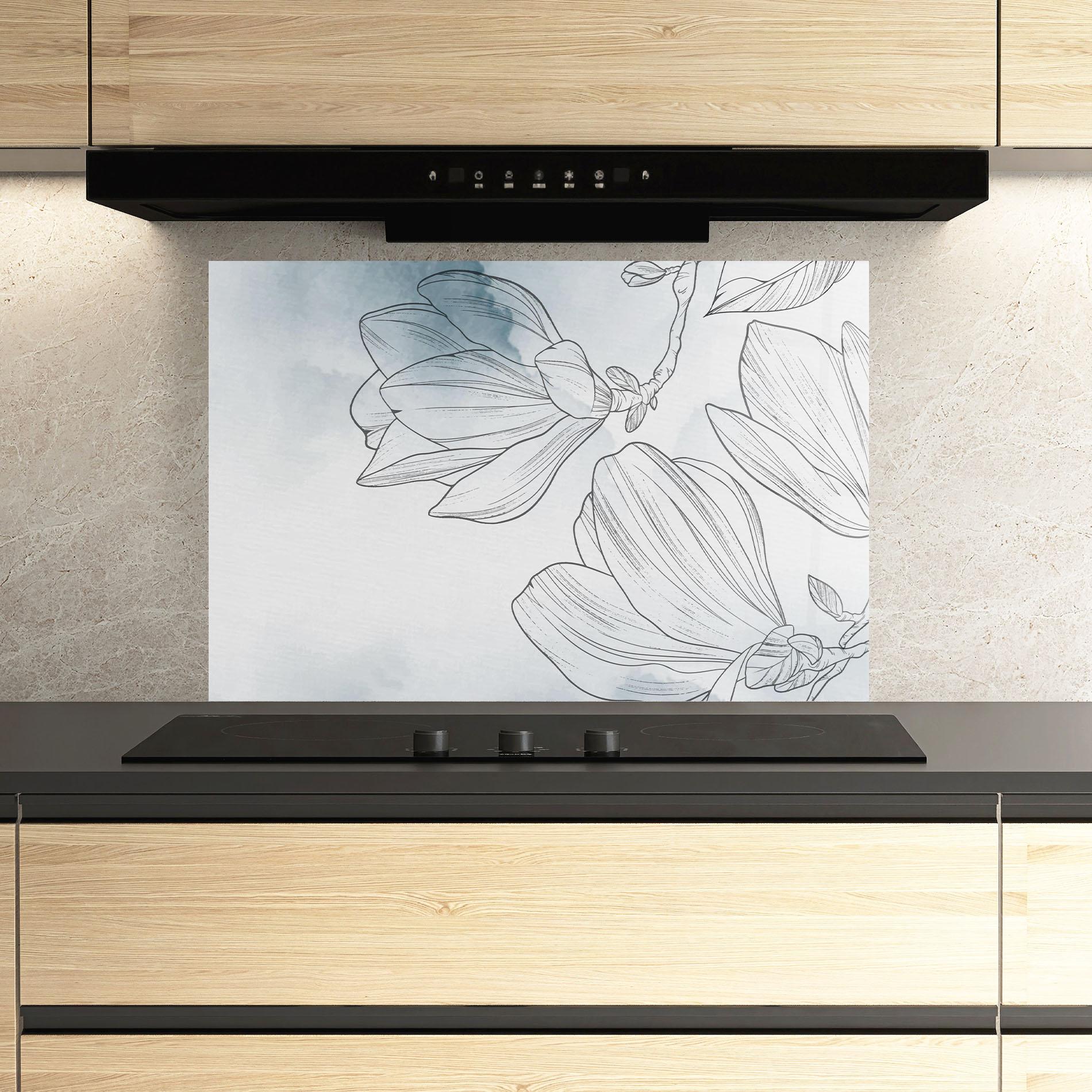 Konyhai üveg hátfal Blue Line Flower mockup 3