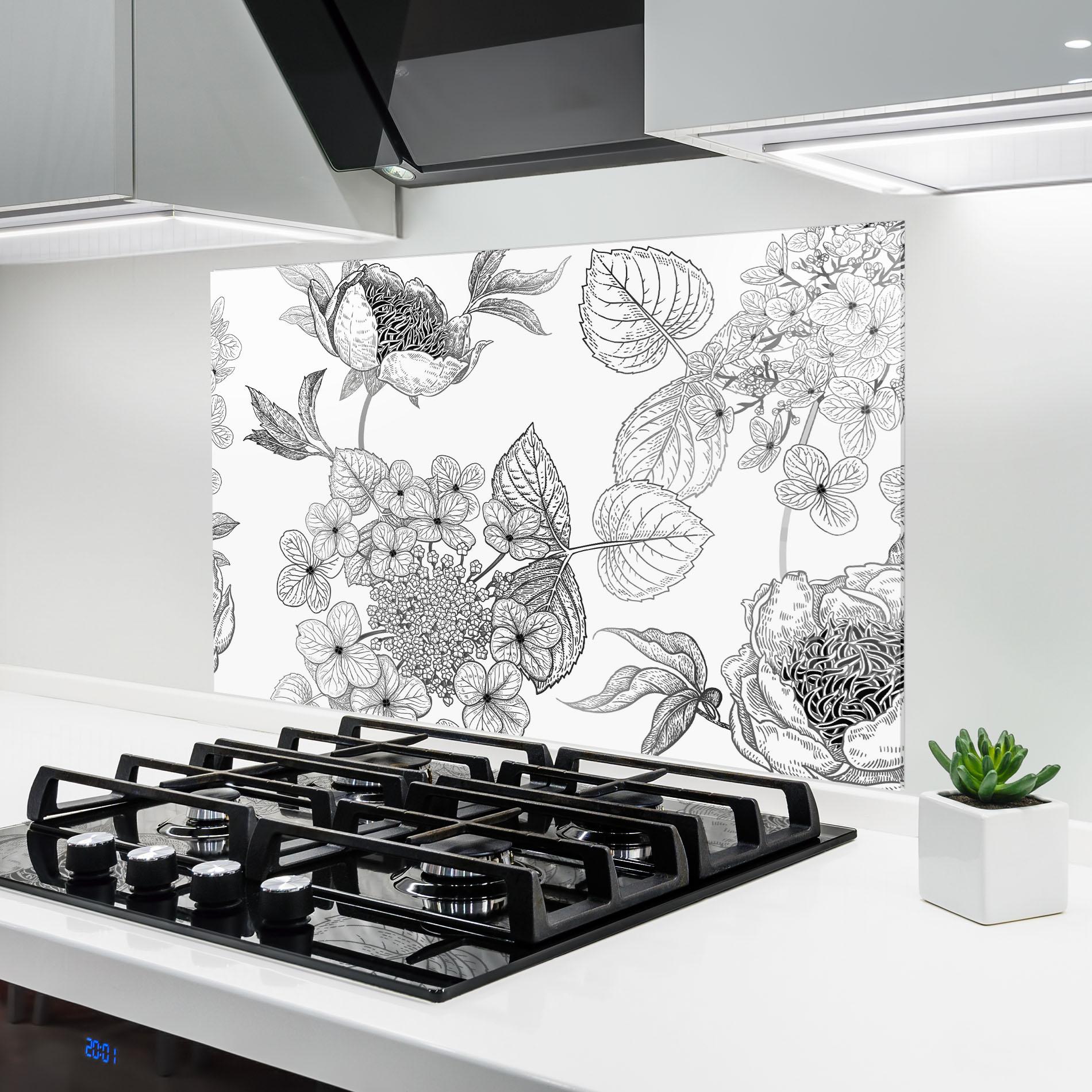 Konyhai üveg hátfal Black Line Flower mockup 6