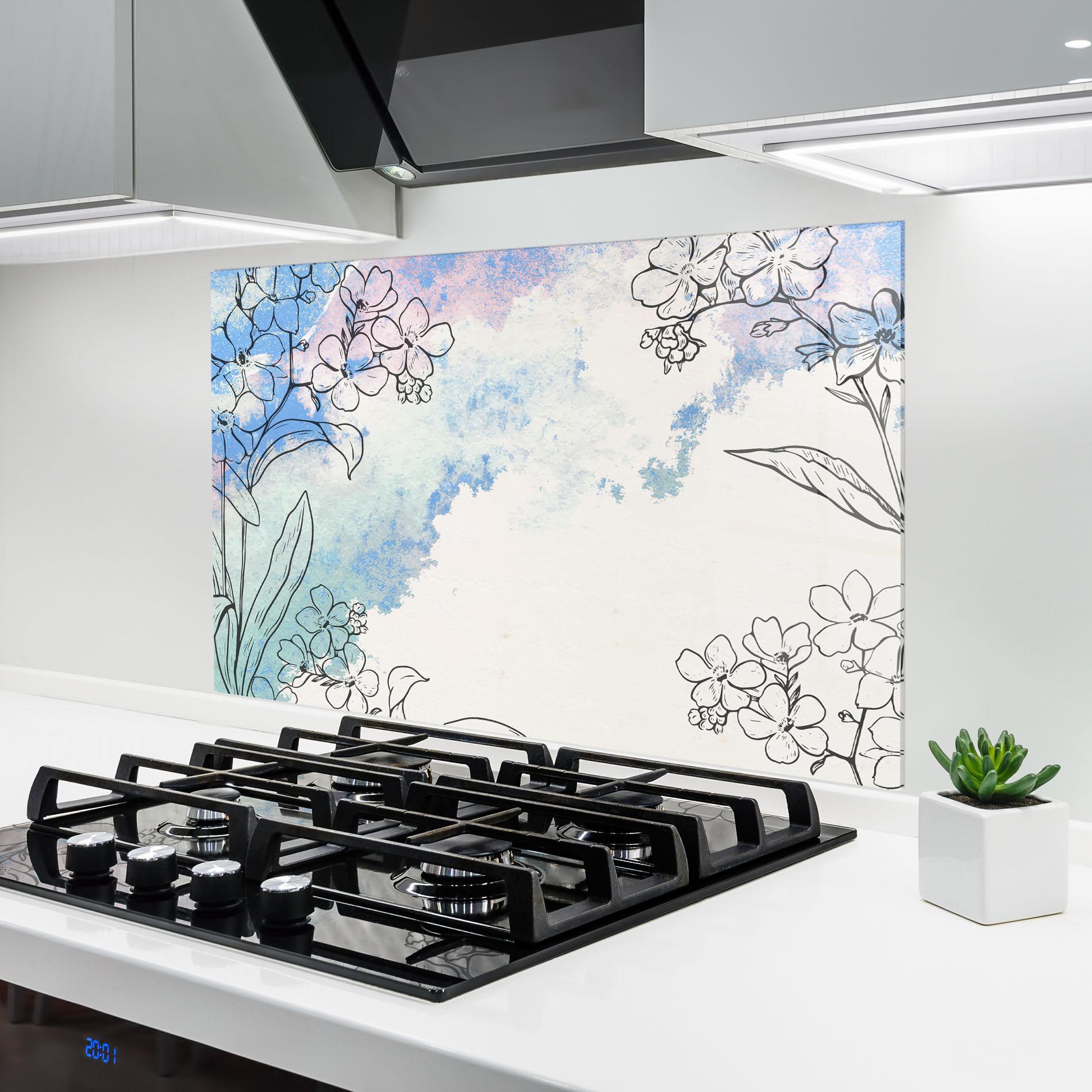 Konyhai üveg hátfal Blue Watercolor Flower mockup 6