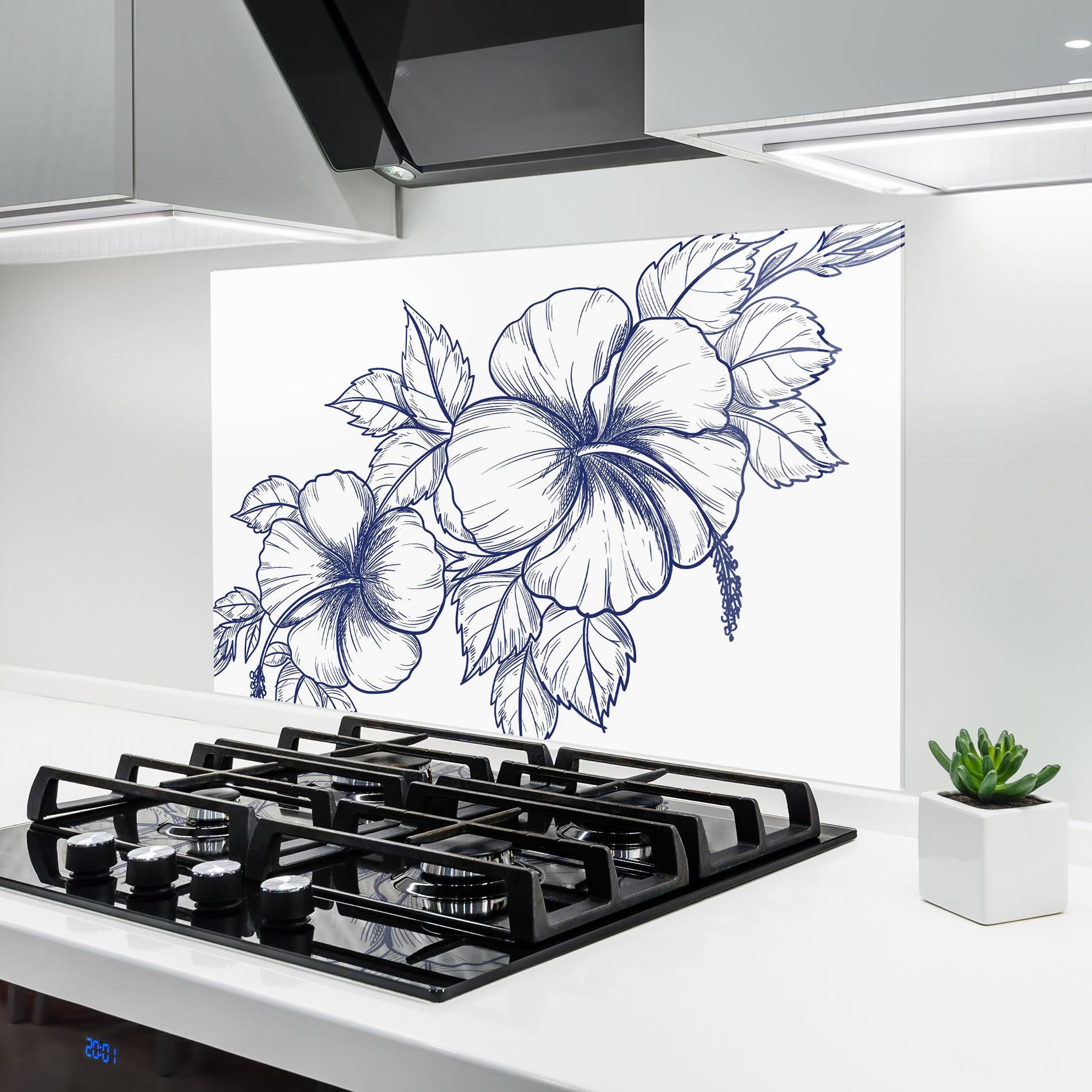 Konyhai üveg hátfal Dark Blue Line Flower mockup 6