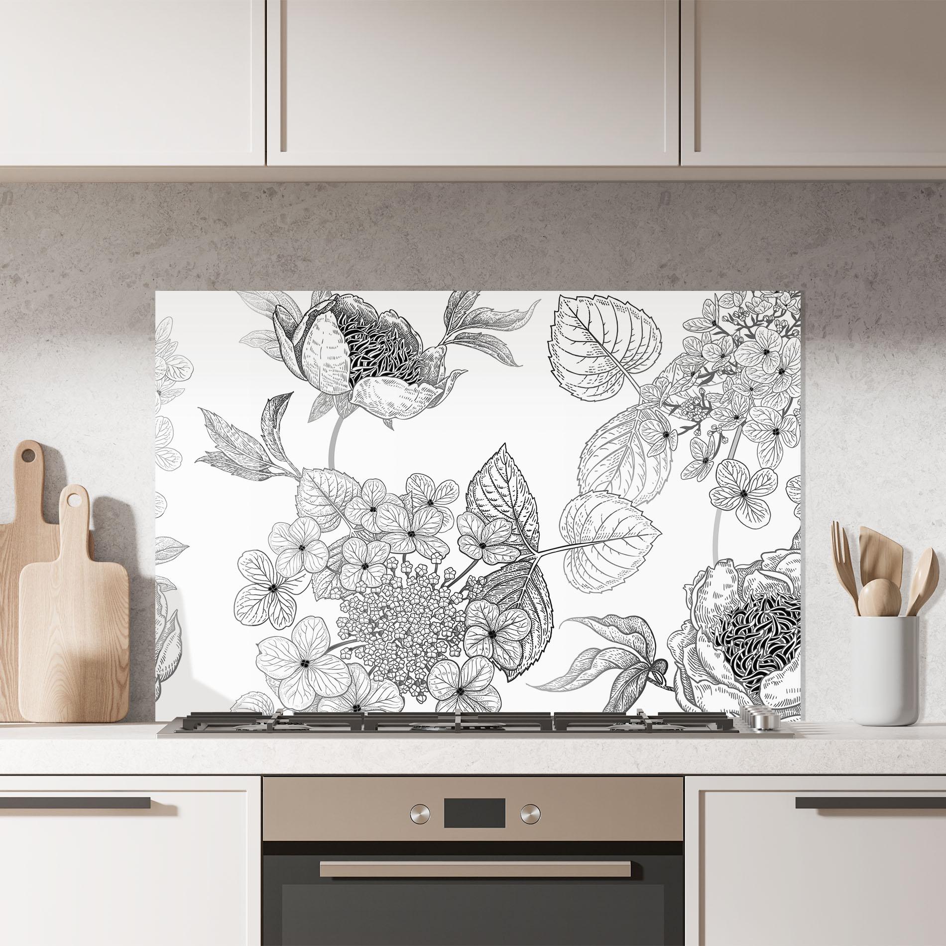 Konyhai üveg hátfal Black Line Flower mockup 7