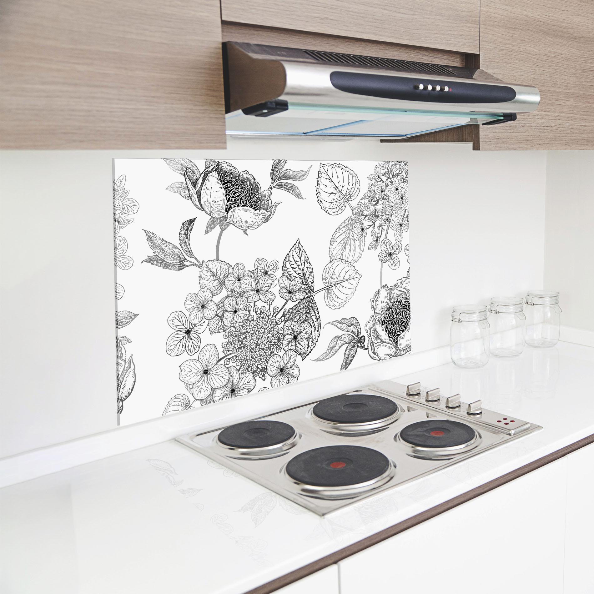 Konyhai üveg hátfal Black Line Flower mockup 8