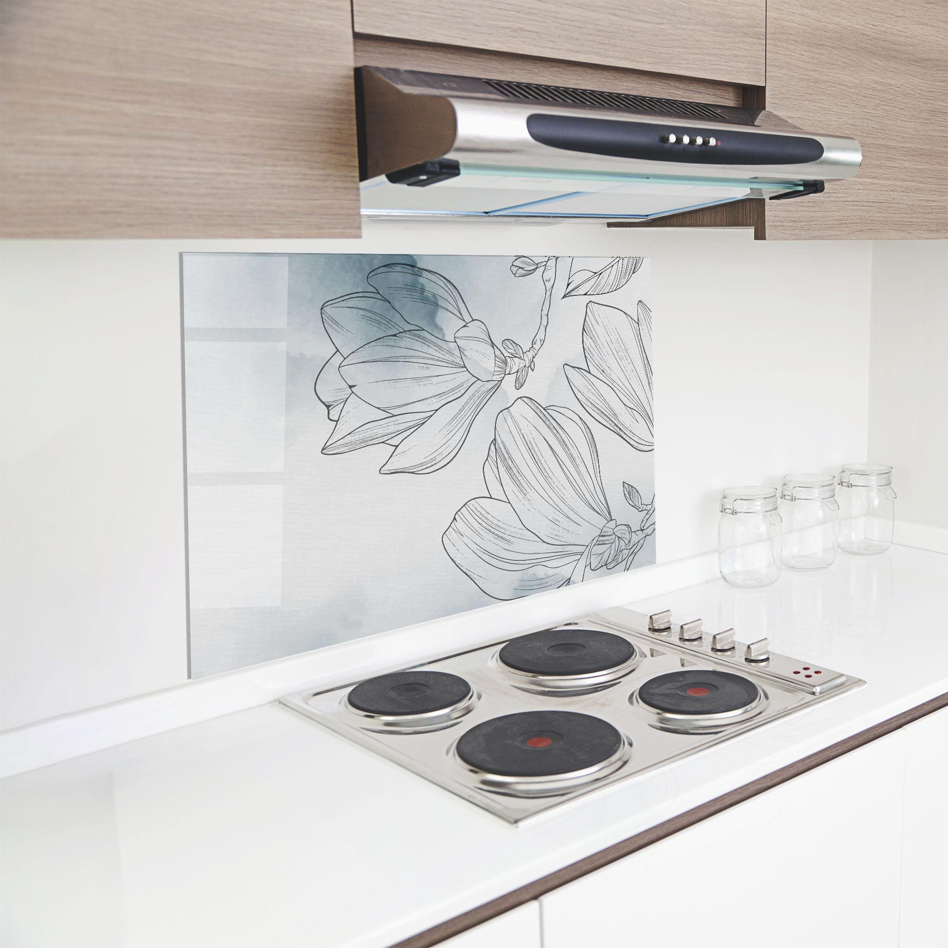 Konyhai üveg hátfal Blue Line Flower mockup 8