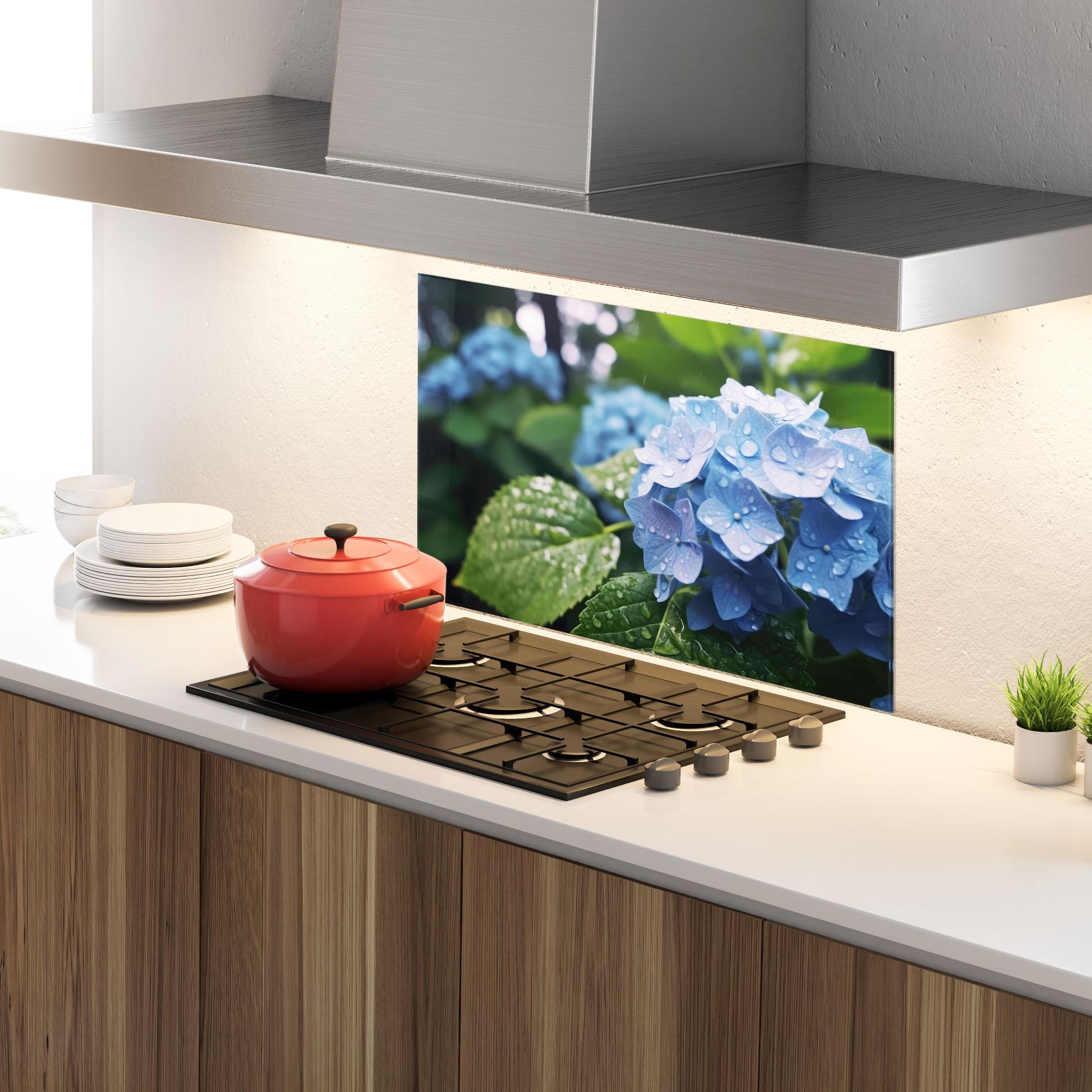 Konyhai üveg hátfal Blue Rainy Exotic mockup 4