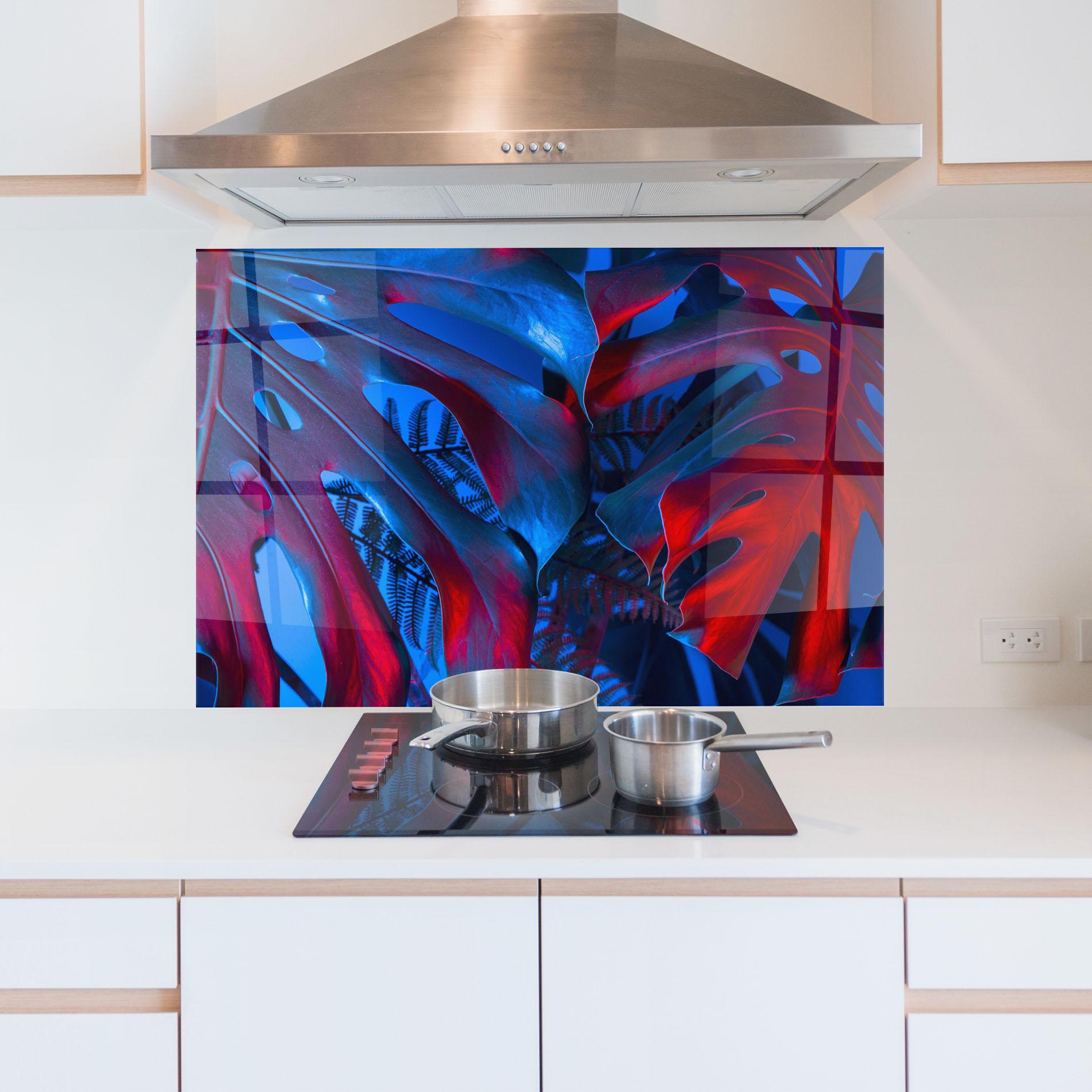 Konyhai üveg hátfal Exotic Blue Leaf mockup 5