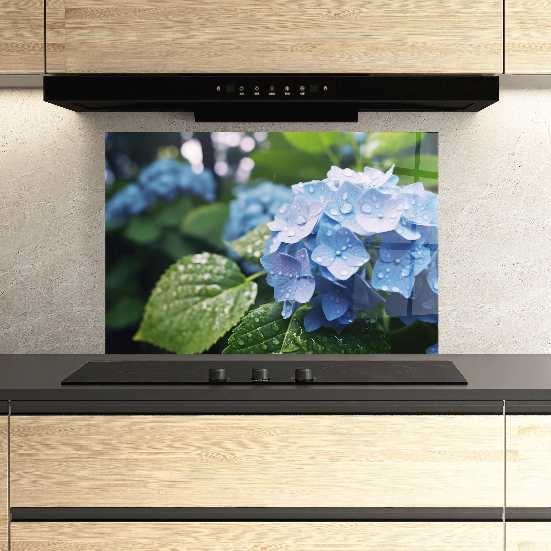 Konyhai üveg hátfal Blue Rainy Exotic mockup 3