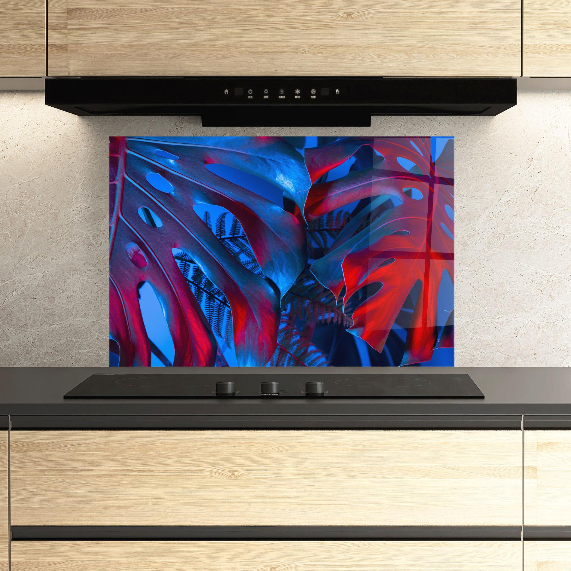 Konyhai üveg hátfal Exotic Blue Leaf mockup 3